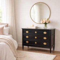 French Louis XVI Style Black Wood Commode Chest of Drawers circa 1980