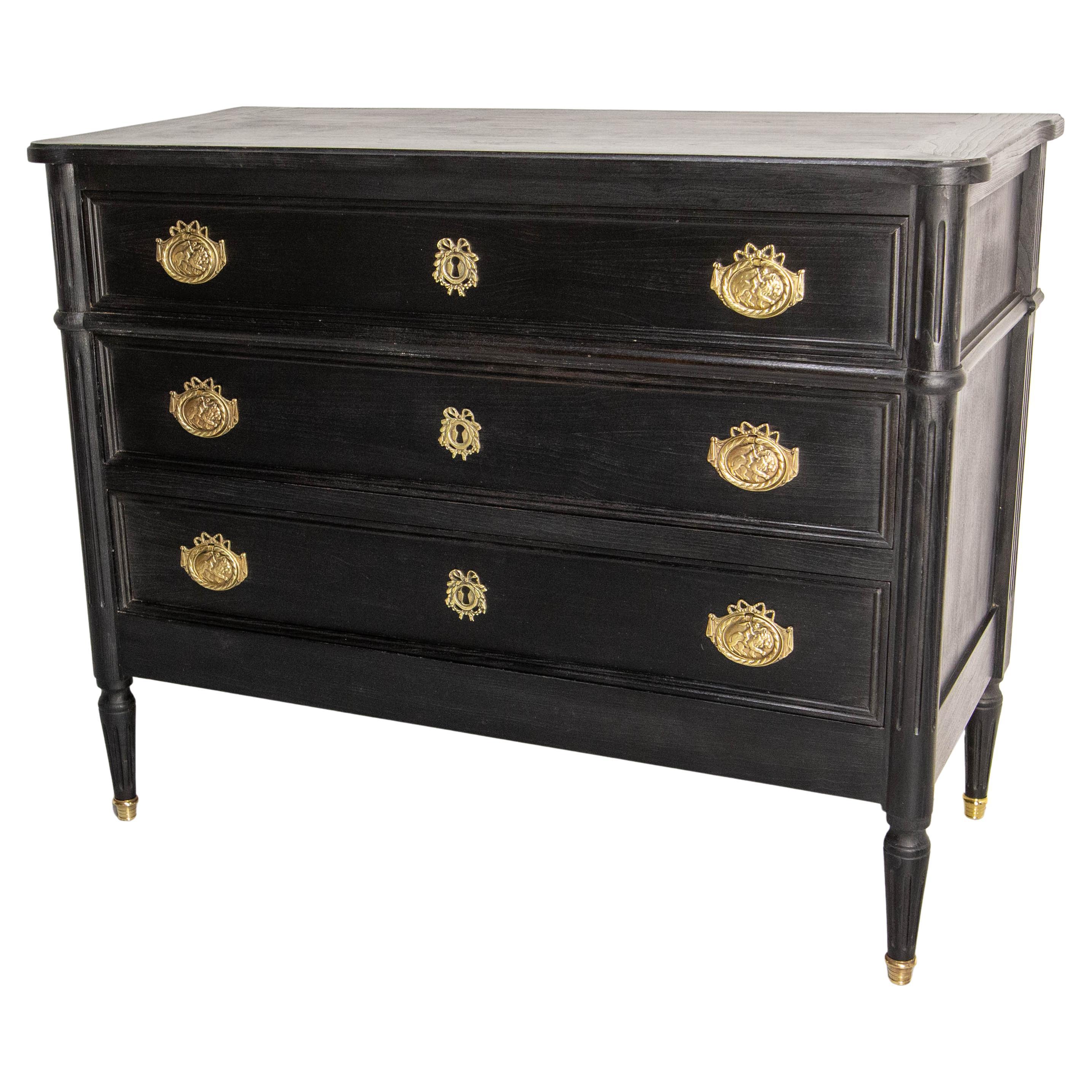 French Louis XVI Style Black Wood Commode Chest of Drawers circa 1980