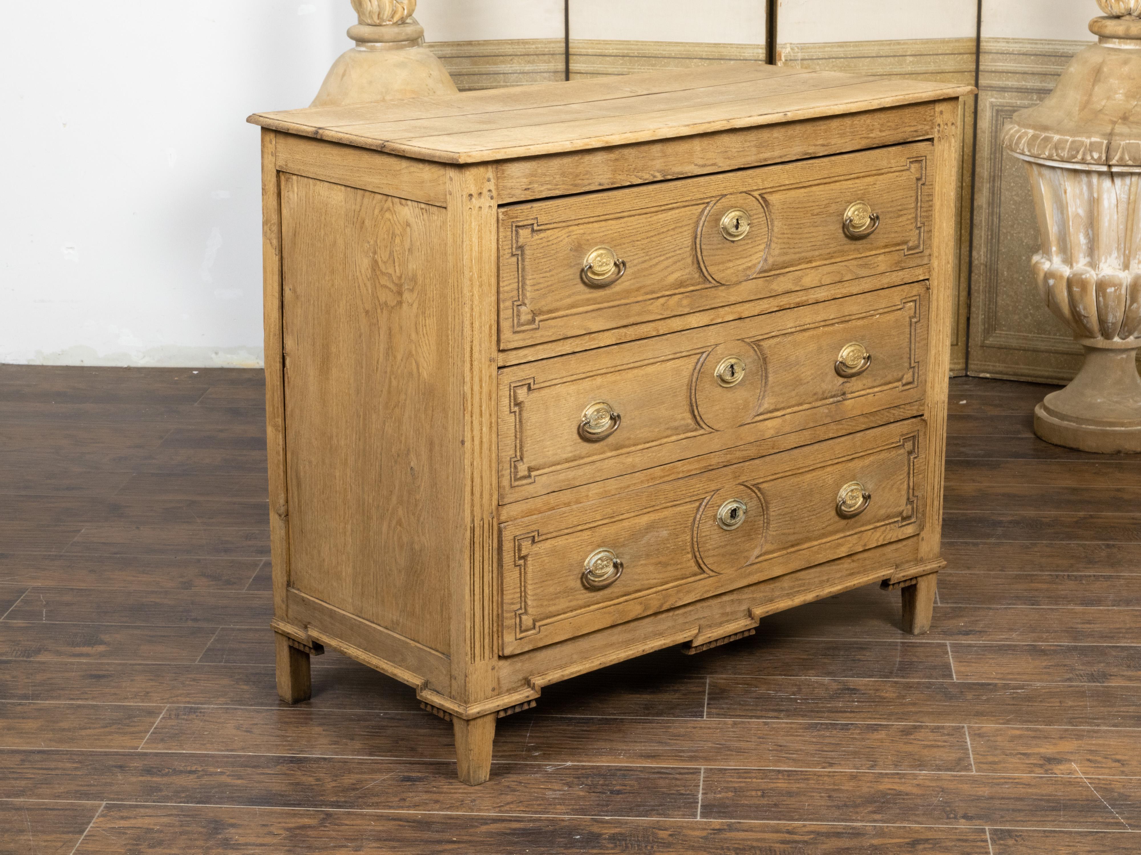 French Louis XVI Style Bleached Oak Three-Drawer Chest with Carved Panels In Good Condition For Sale In Atlanta, GA