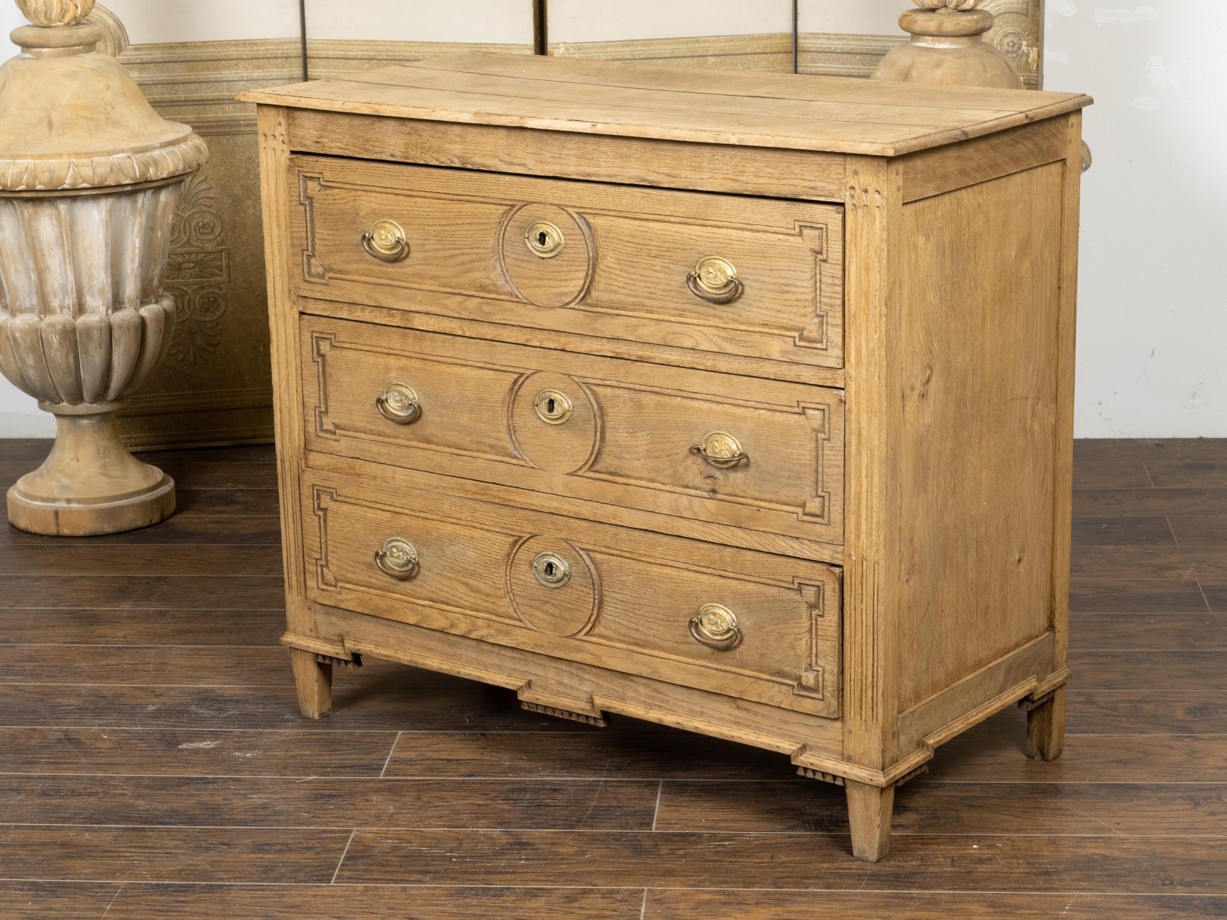 French Louis XVI Style Bleached Oak Three-Drawer Chest with Carved Panels For Sale 2