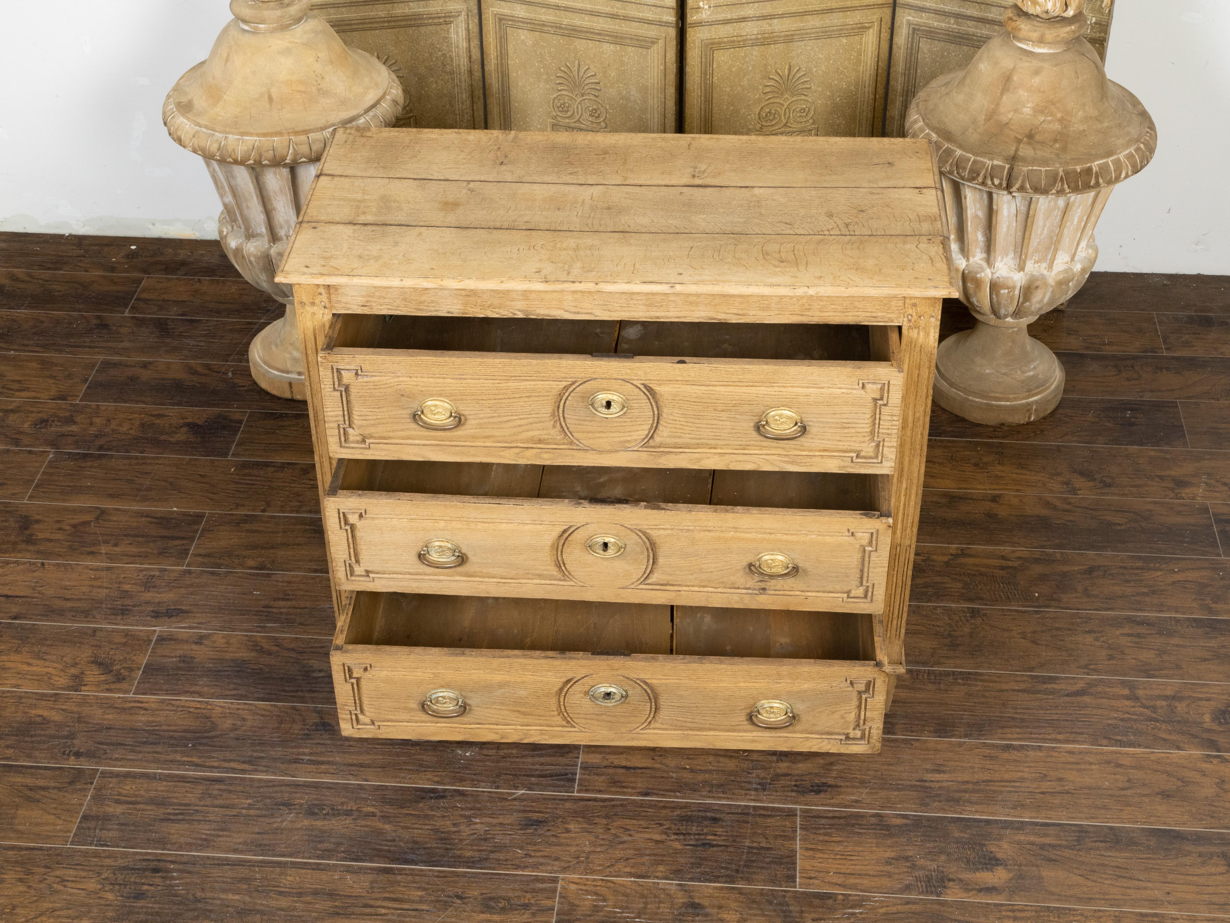 French Louis XVI Style Bleached Oak Three-Drawer Chest with Carved Panels For Sale 3
