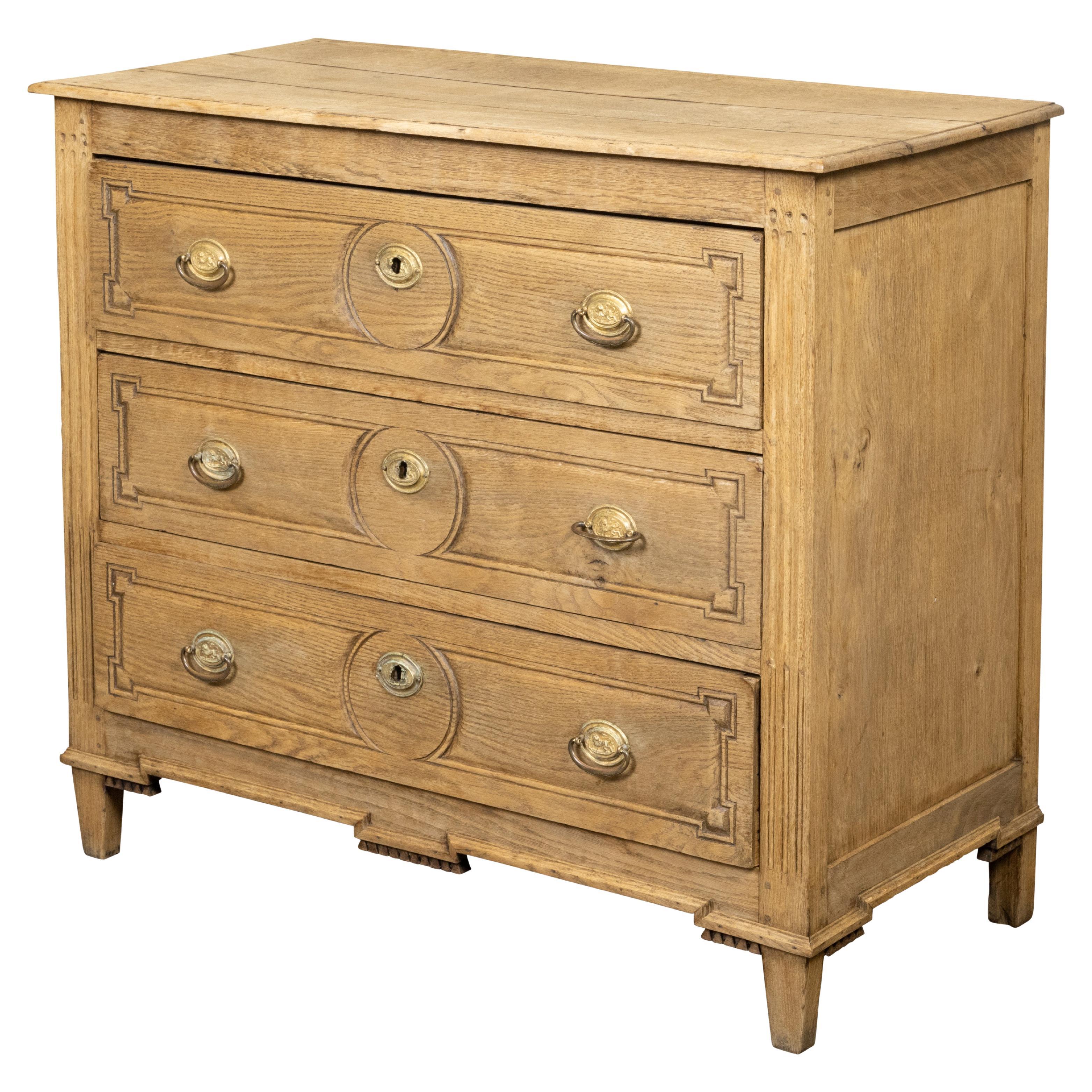 French Louis XVI Style Bleached Oak Three-Drawer Chest with Carved Panels For Sale