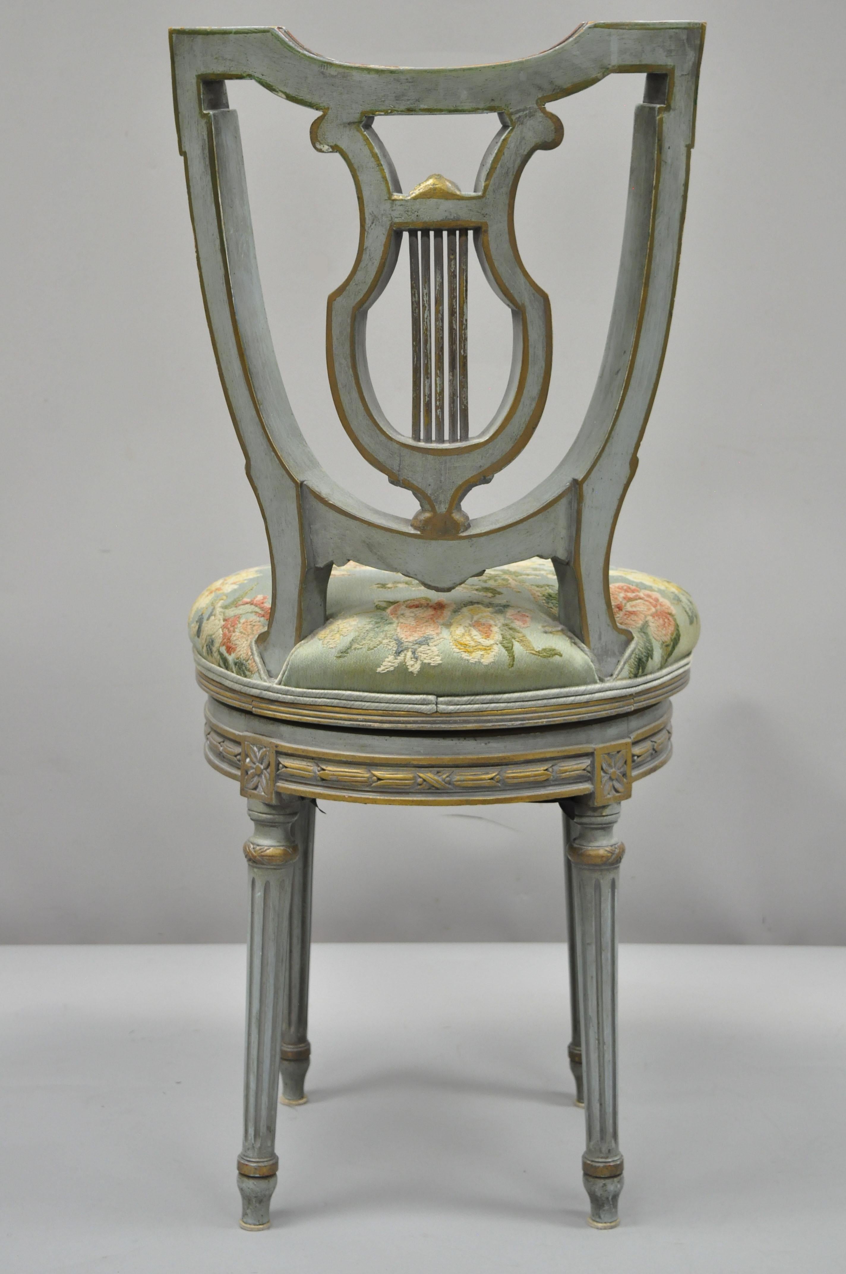 French Louis XVI Style Blue and Red Harp Lyre Back Swivel Accent Vanity Chair 4