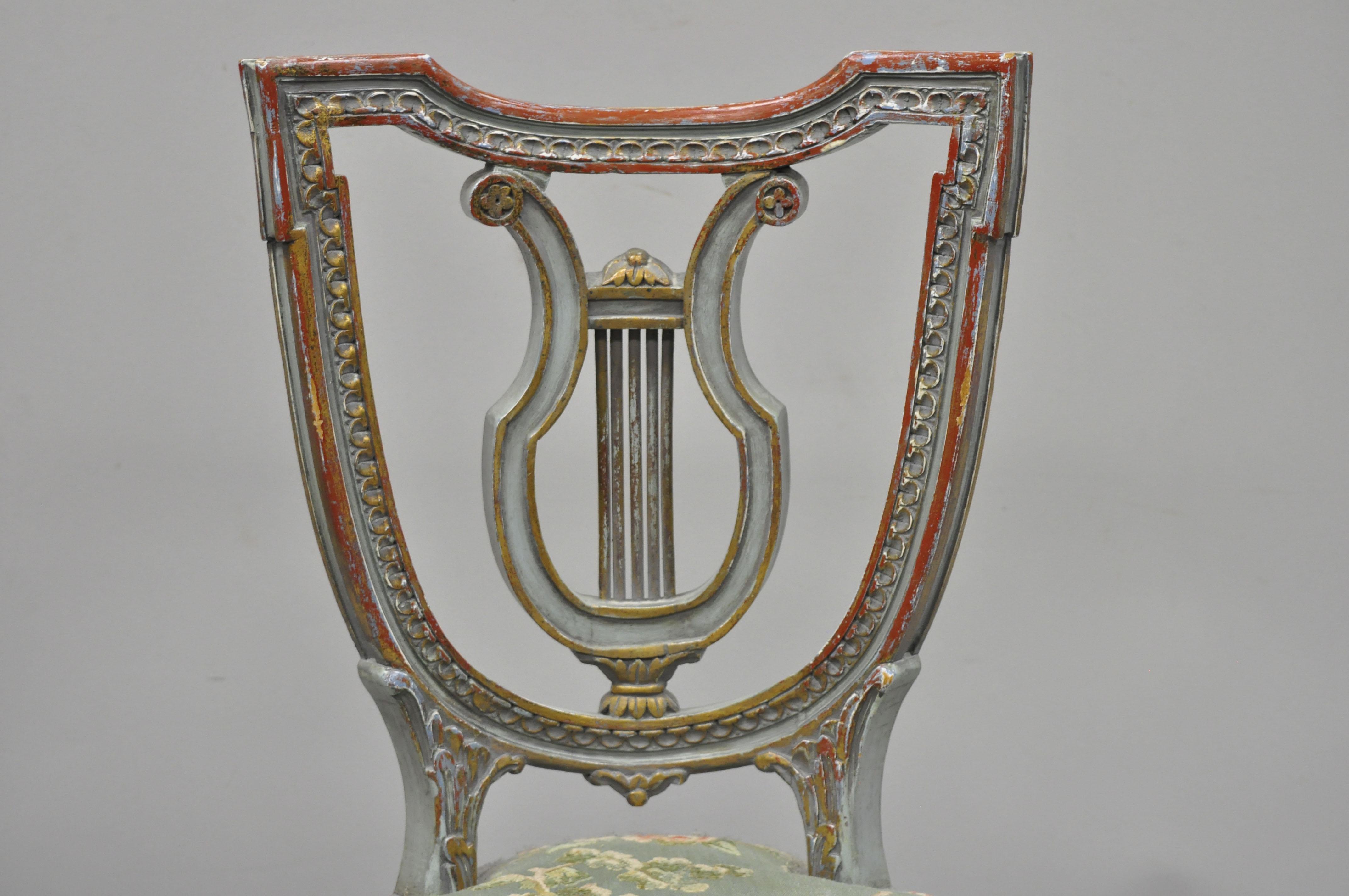 Italian French Louis XVI Style Blue and Red Harp Lyre Back Swivel Accent Vanity Chair