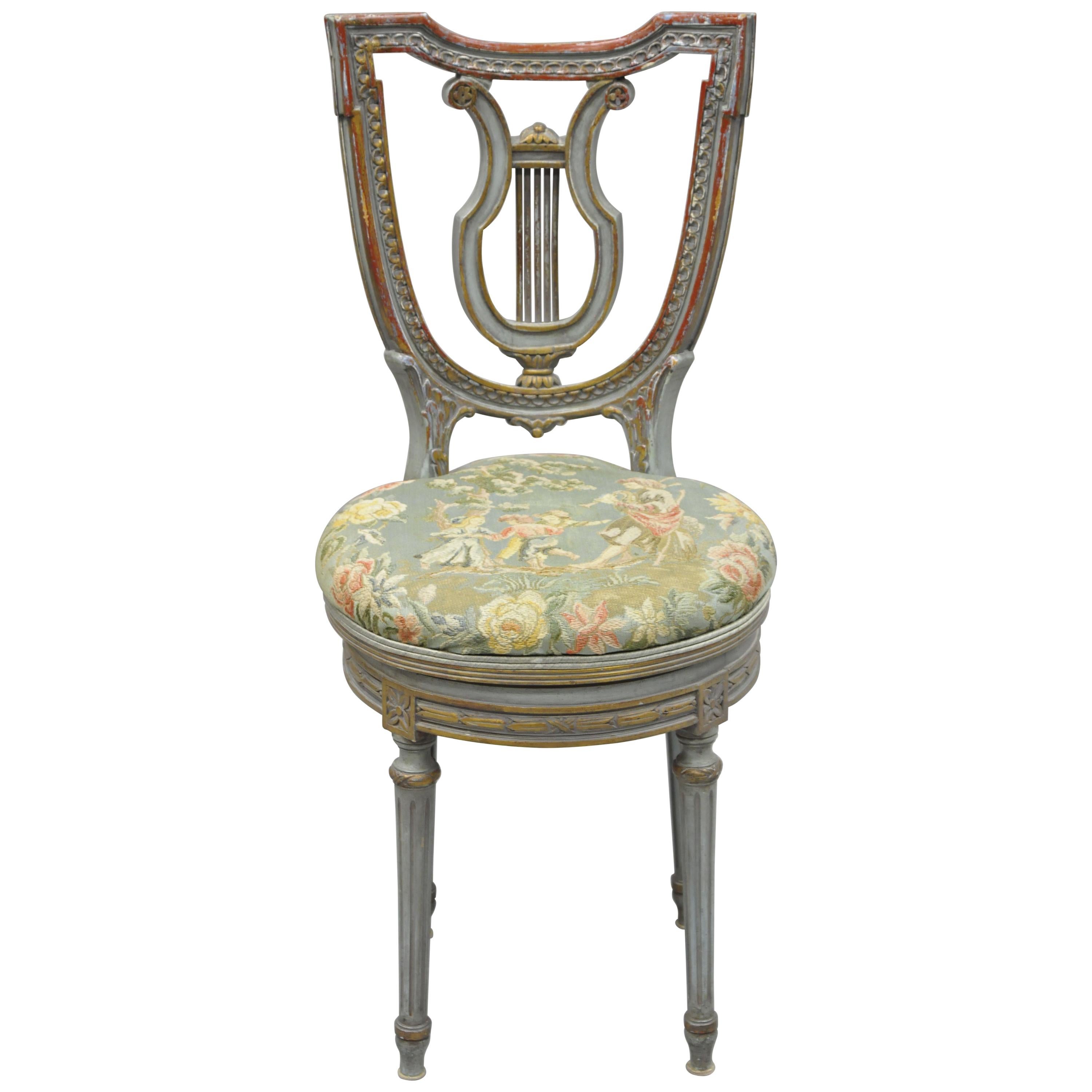 French Louis XVI Style Blue and Red Harp Lyre Back Swivel Accent Vanity Chair
