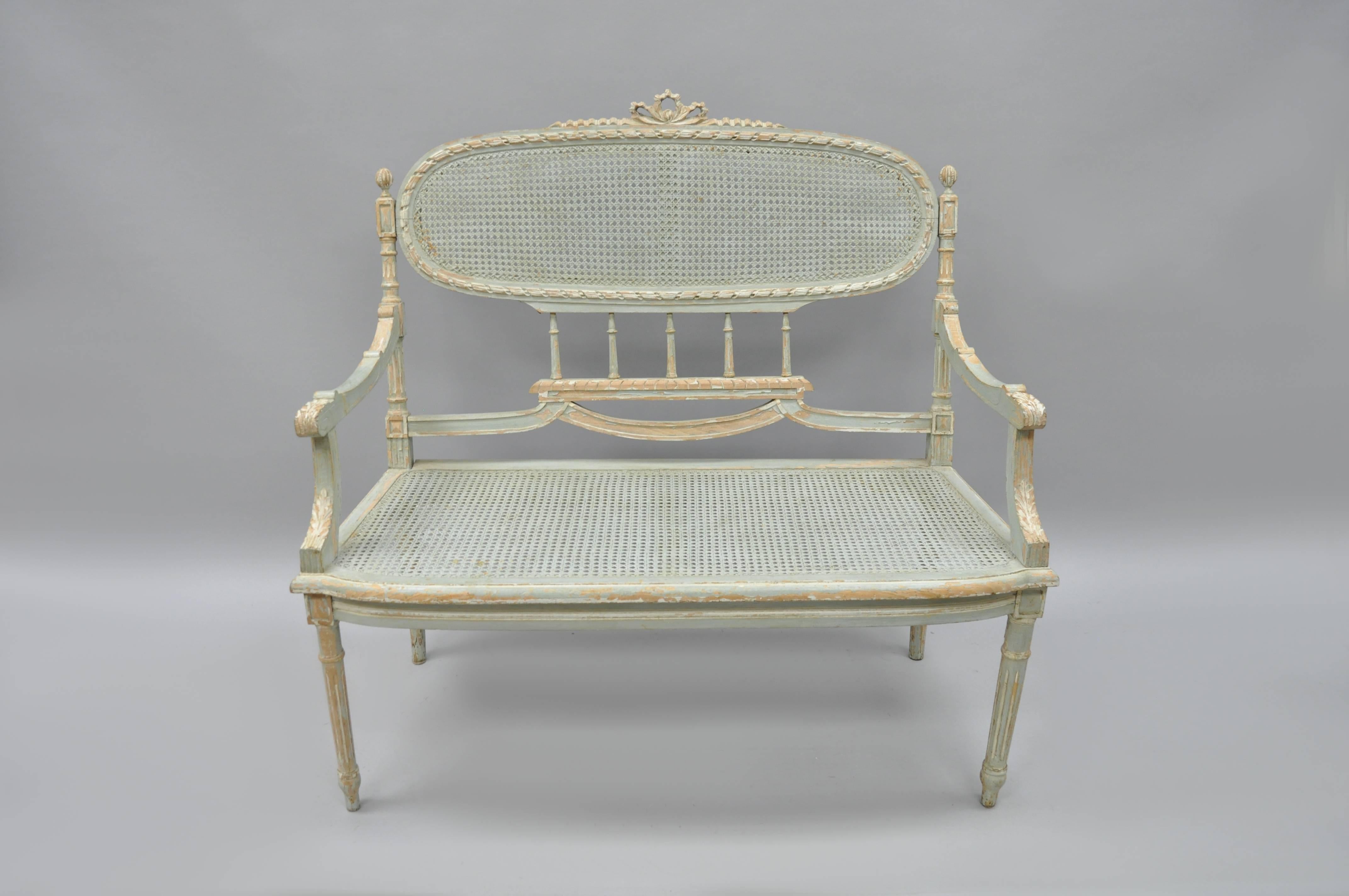 20th C French Louis XVI Style Blue Distress Painted Parlor Salon Settee Loveseat 4