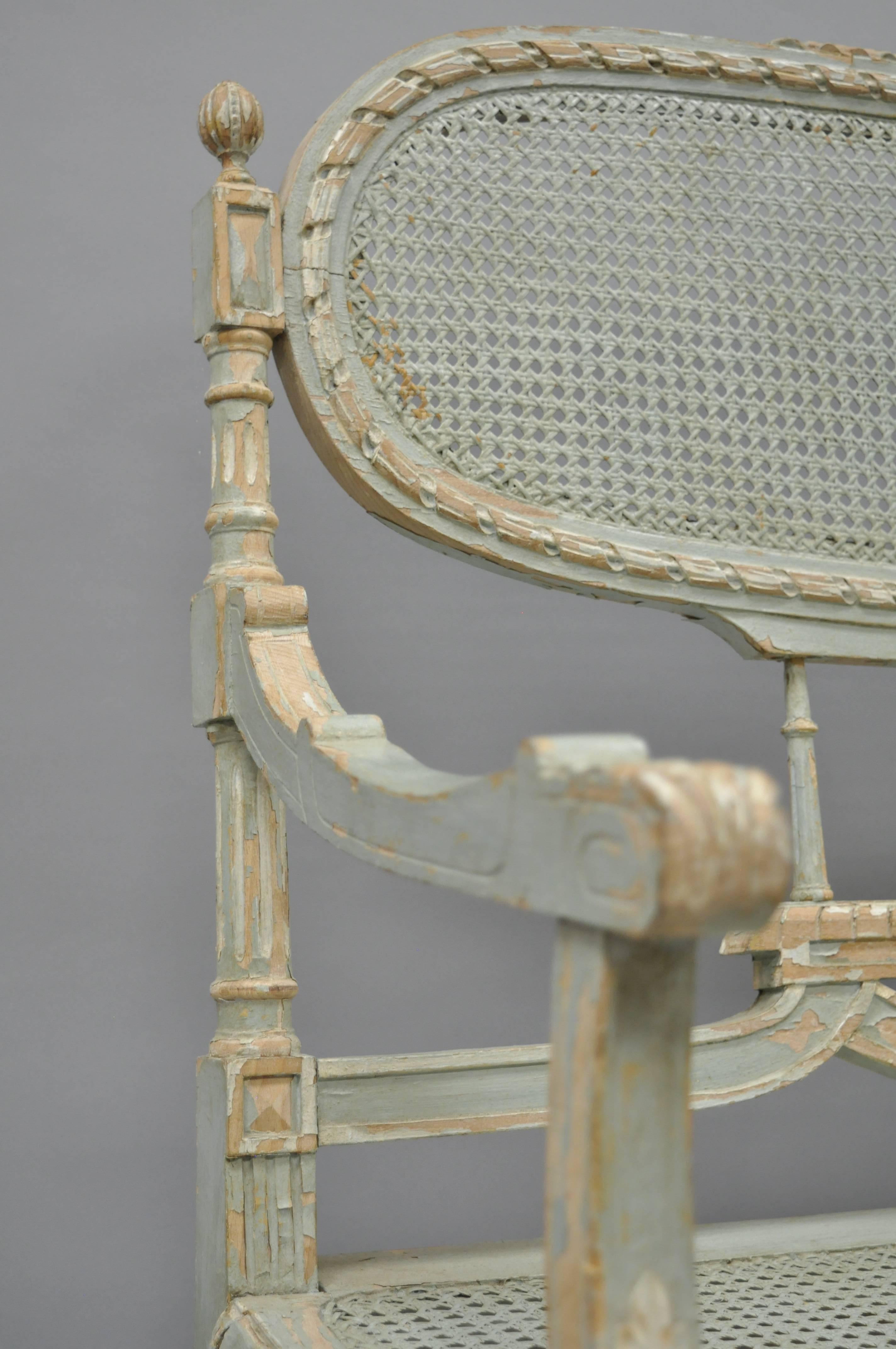 Early 20th Century 20th C French Louis XVI Style Blue Distress Painted Parlor Salon Settee Loveseat