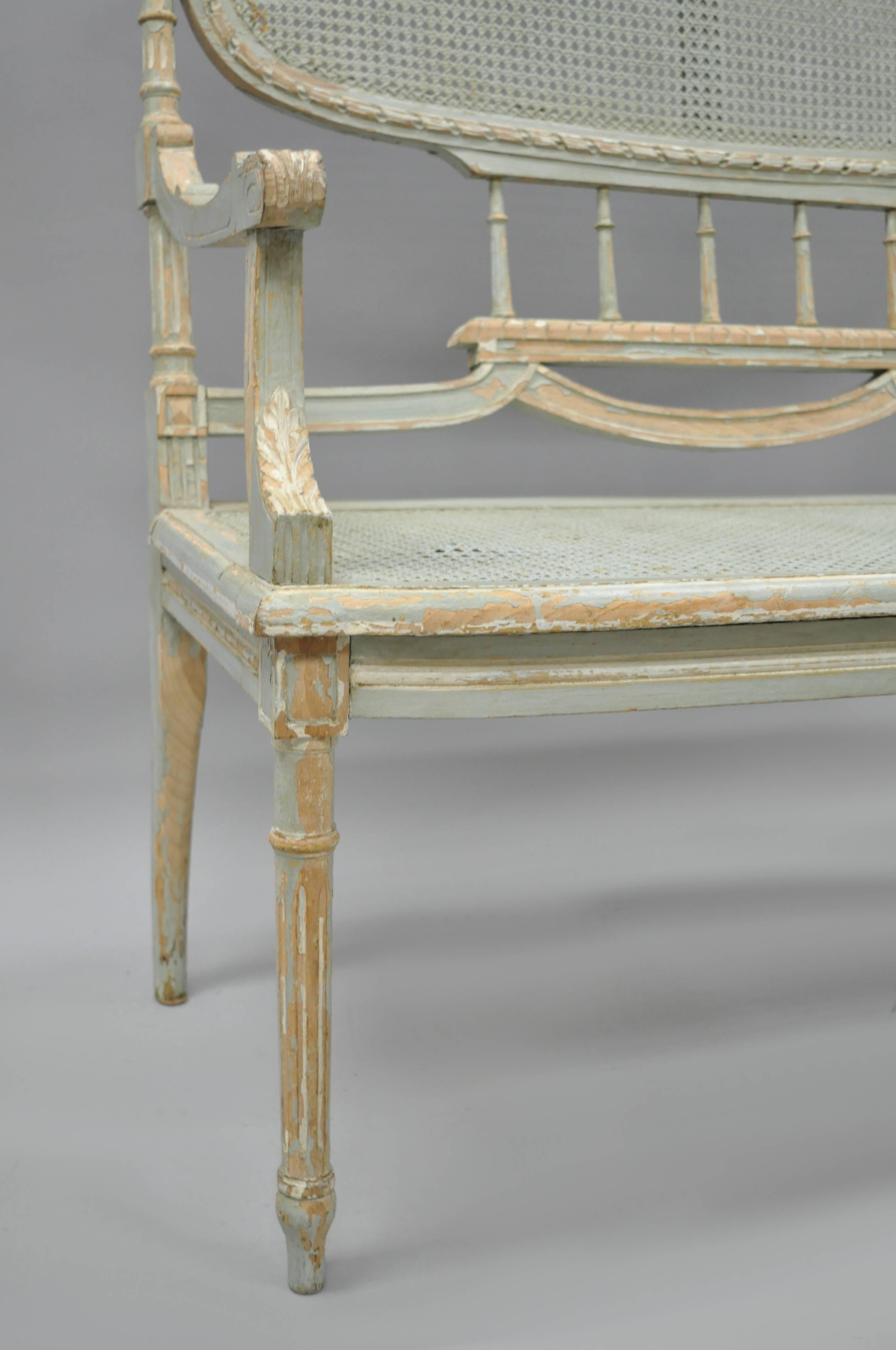Wood 20th C French Louis XVI Style Blue Distress Painted Parlor Salon Settee Loveseat