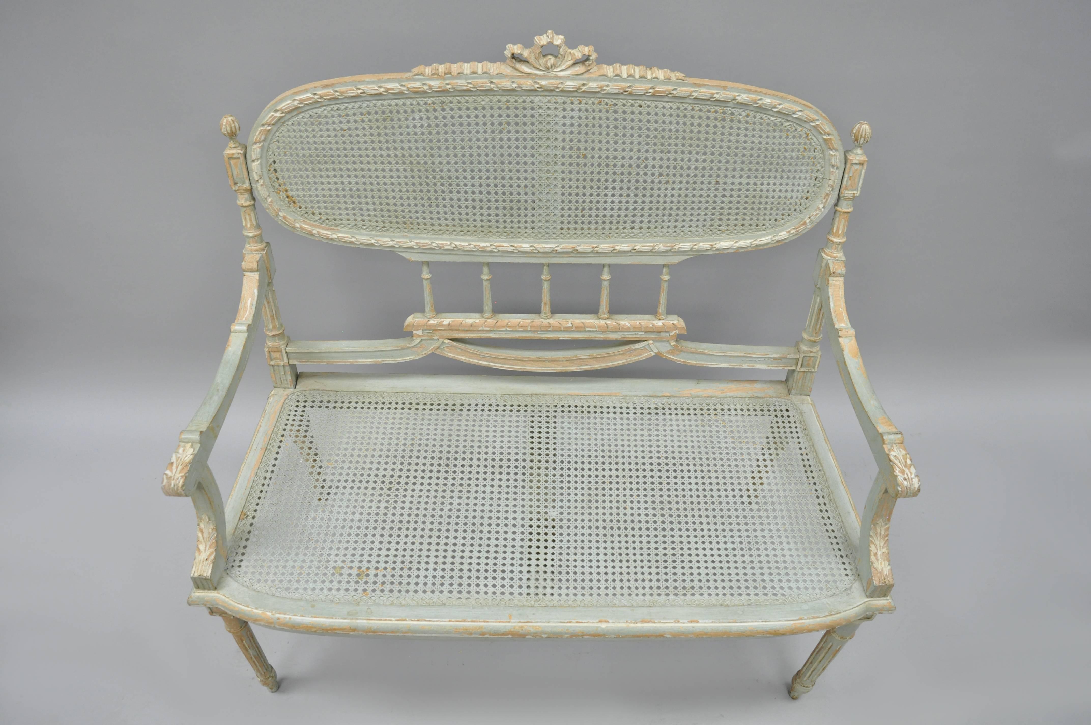 20th C French Louis XVI Style Blue Distress Painted Parlor Salon Settee Loveseat 3
