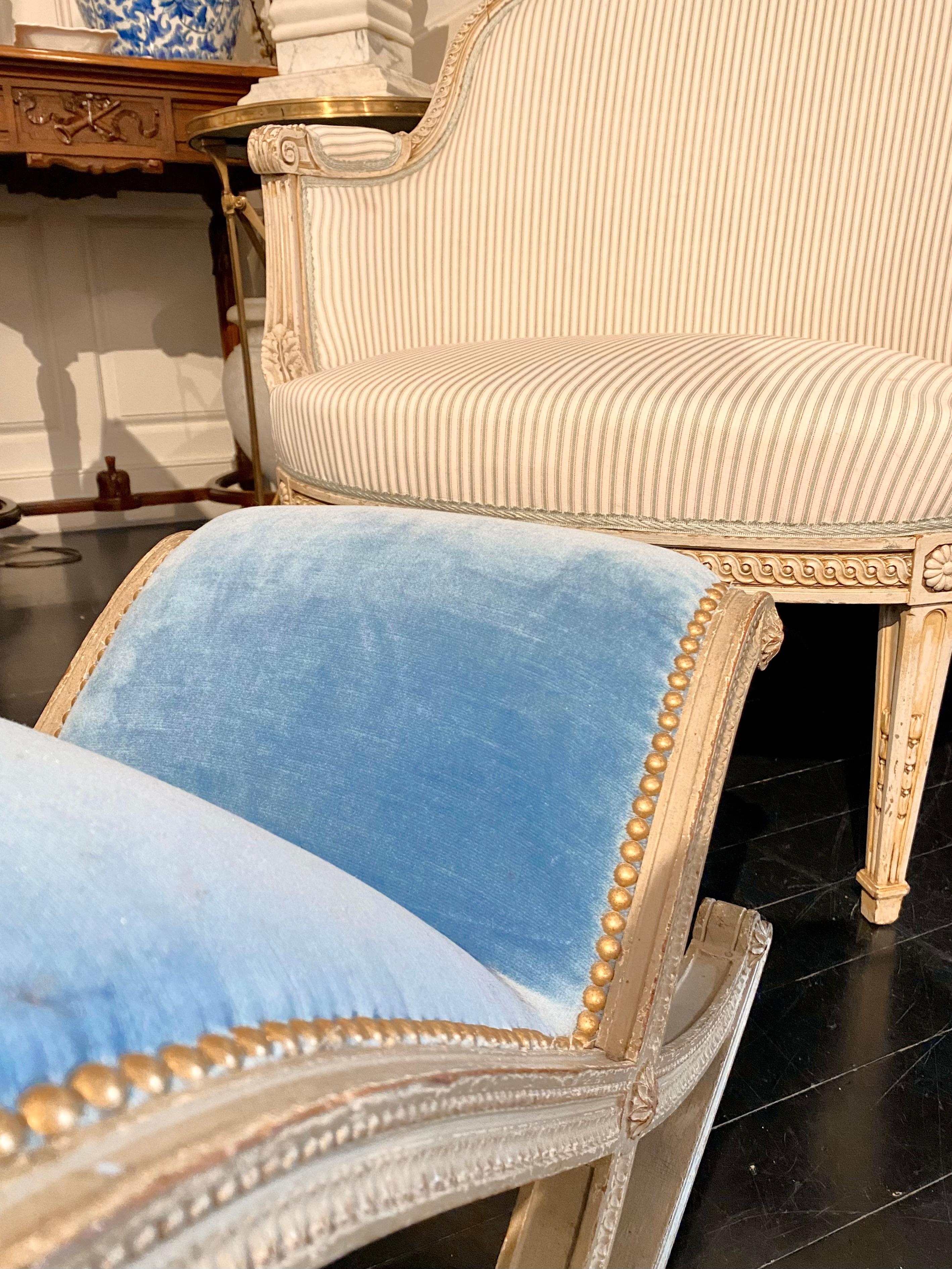 French Louis XVI Style Blue Velvet Footstool For Sale 9