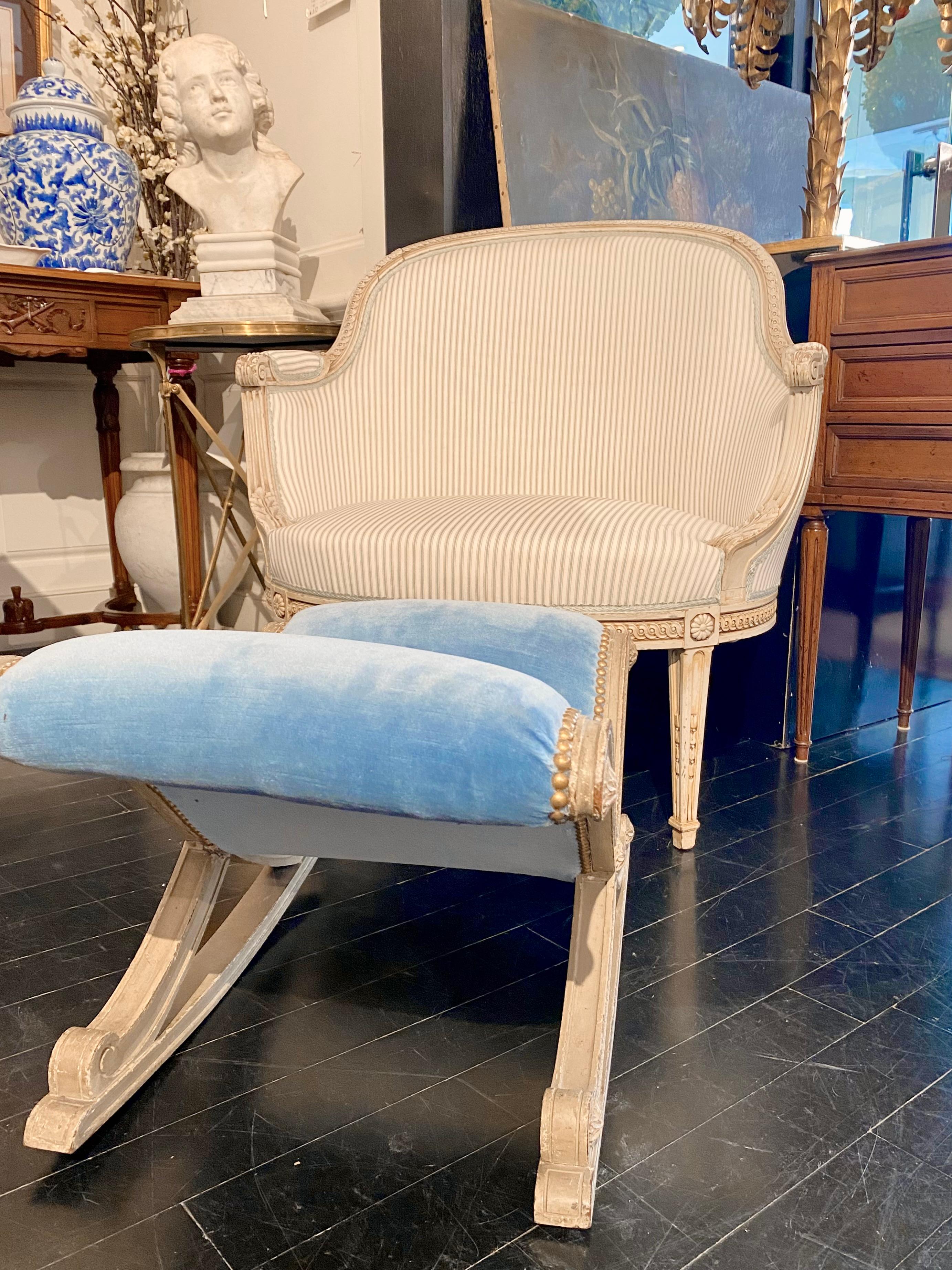 French Louis XVI Style Blue Velvet Footstool For Sale 10