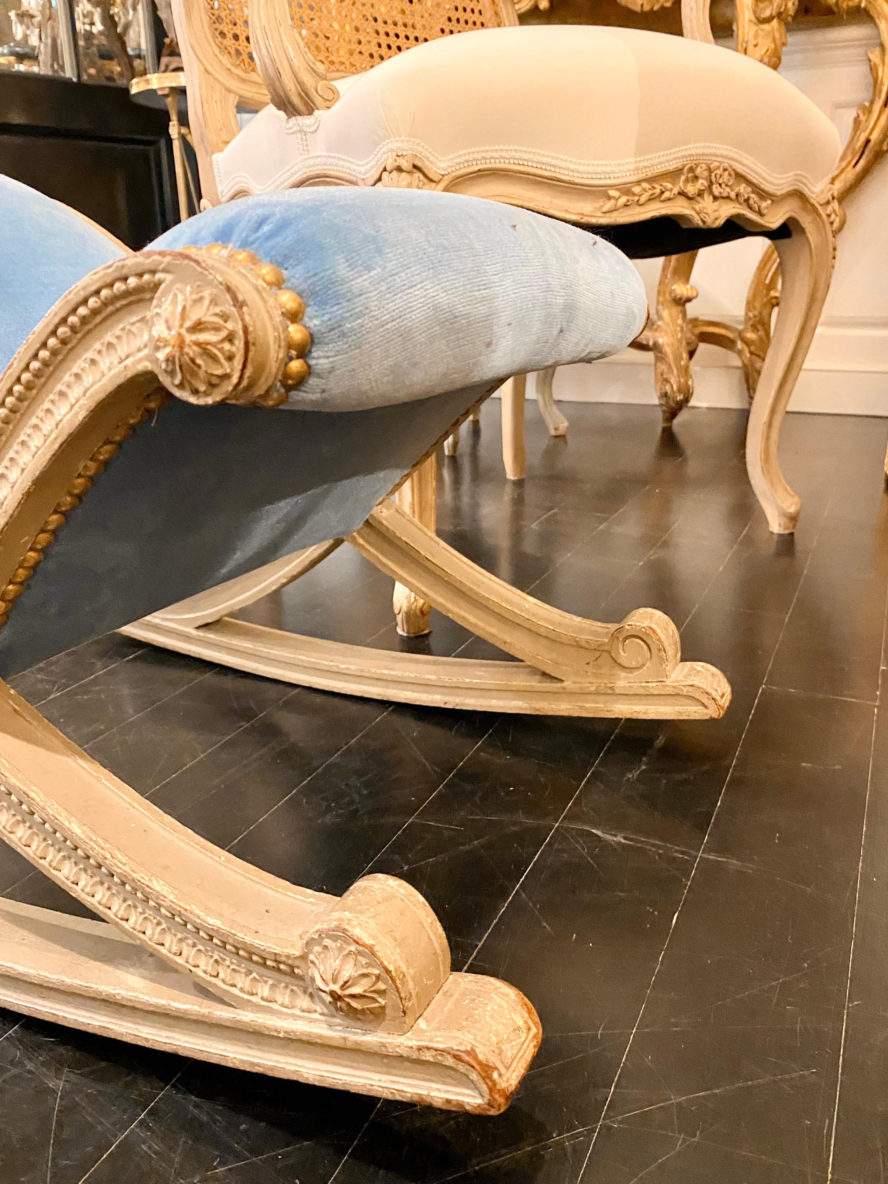 French Louis XVI Style Blue Velvet Footstool For Sale 13
