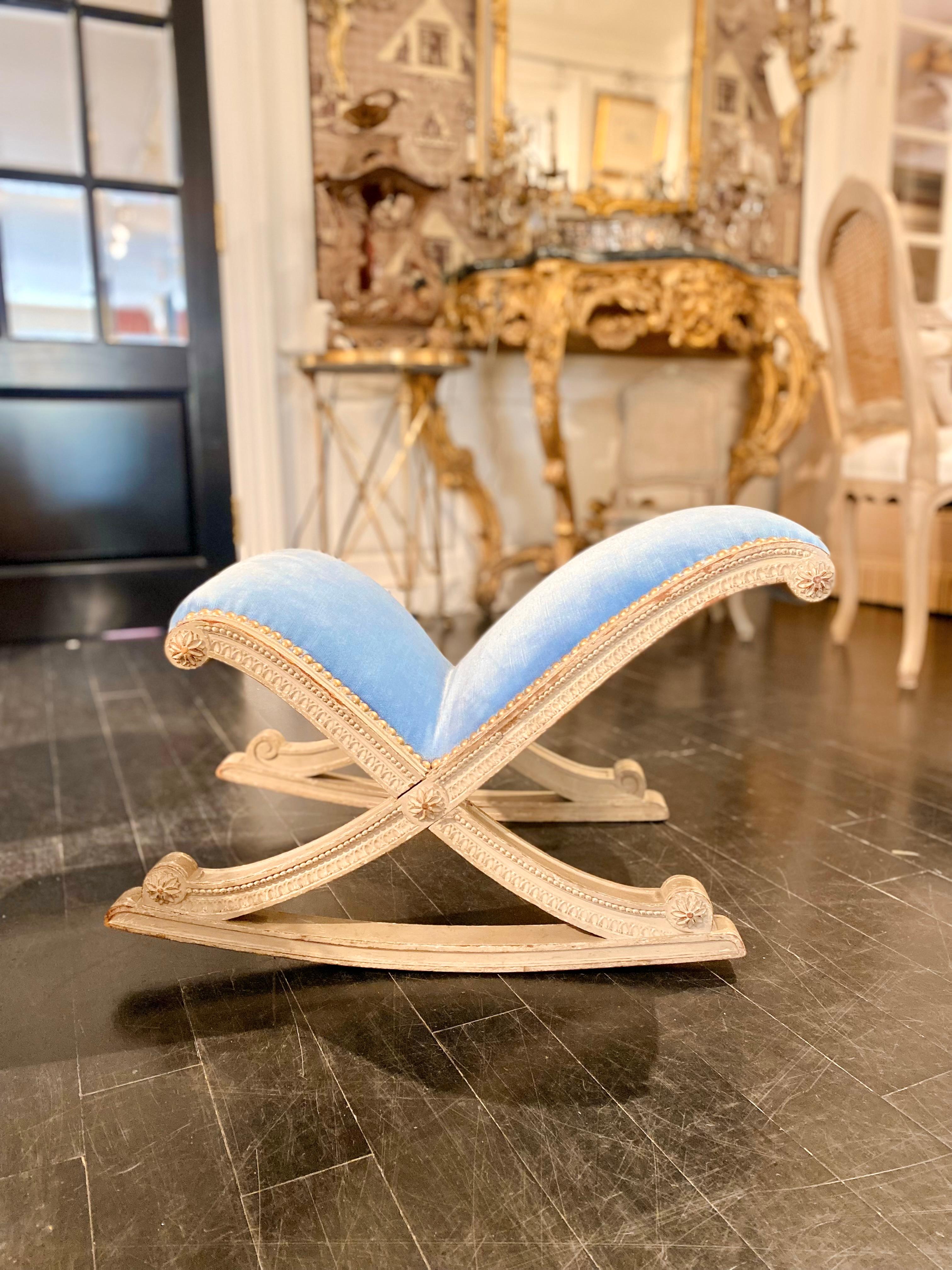 Painted French Louis XVI Style Blue Velvet Footstool For Sale