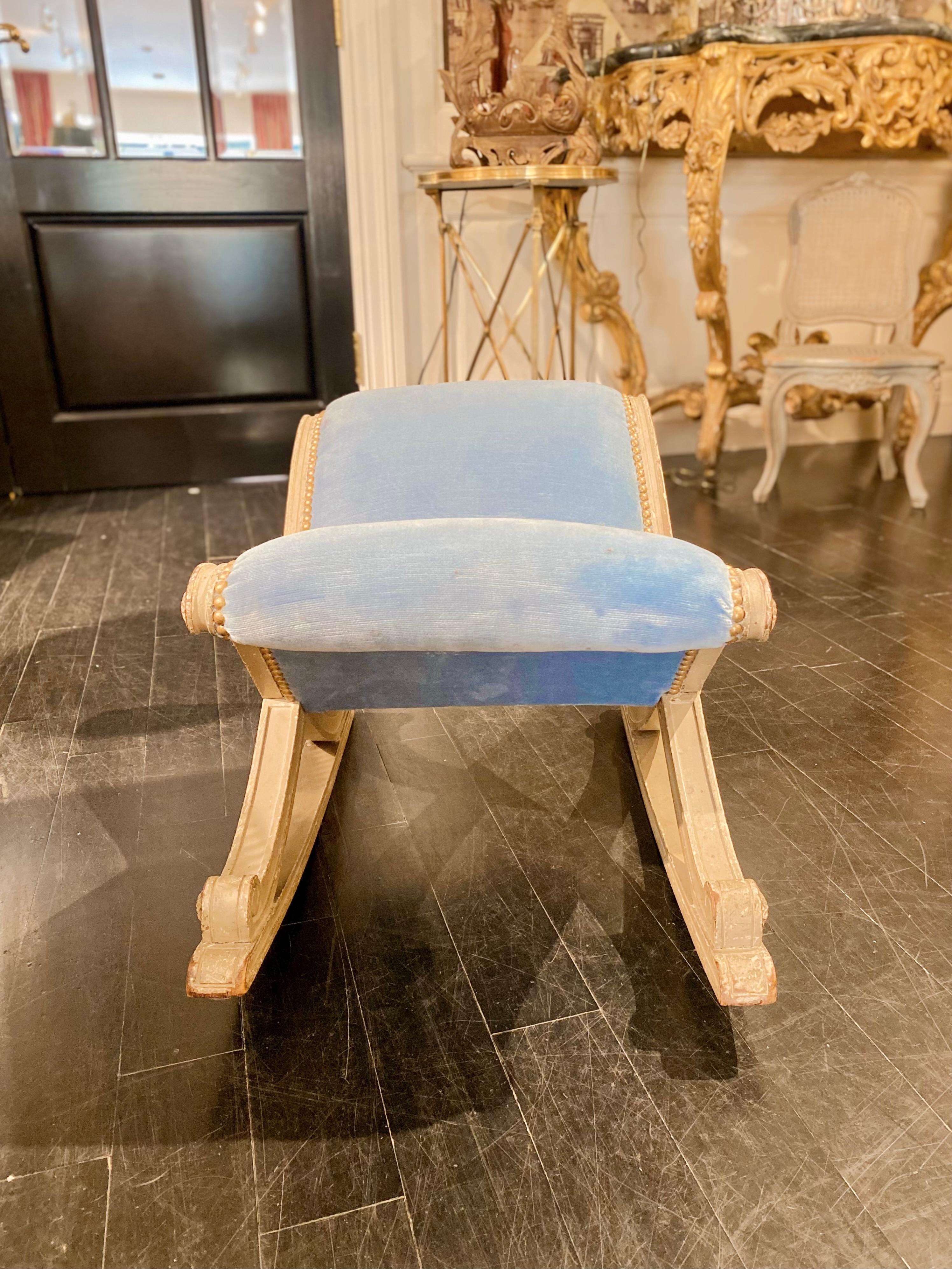 19th Century French Louis XVI Style Blue Velvet Footstool For Sale