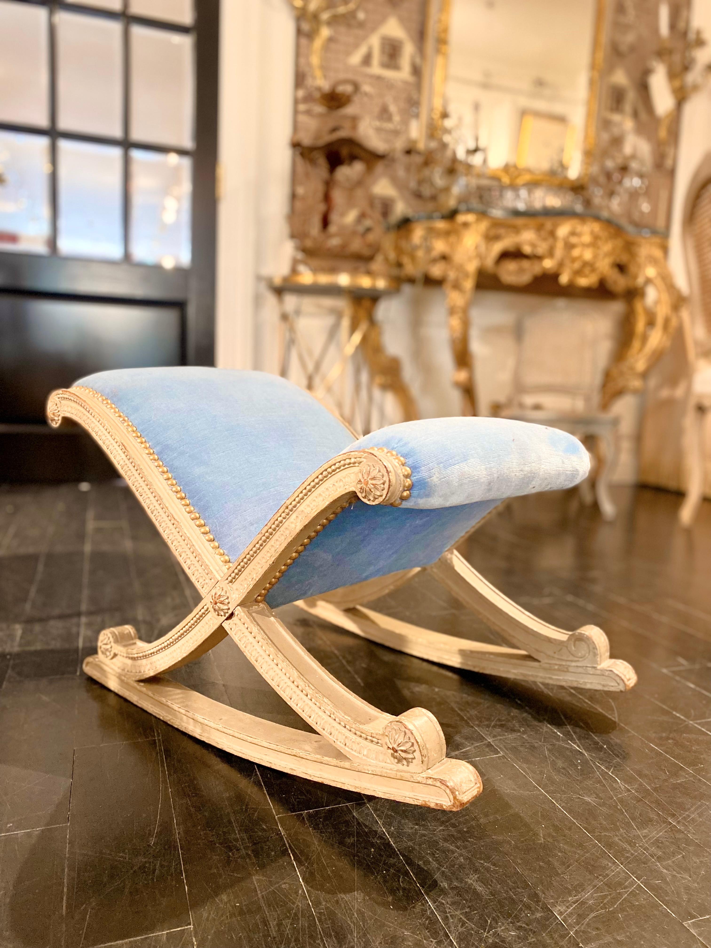 French Louis XVI Style Blue Velvet Footstool For Sale 1