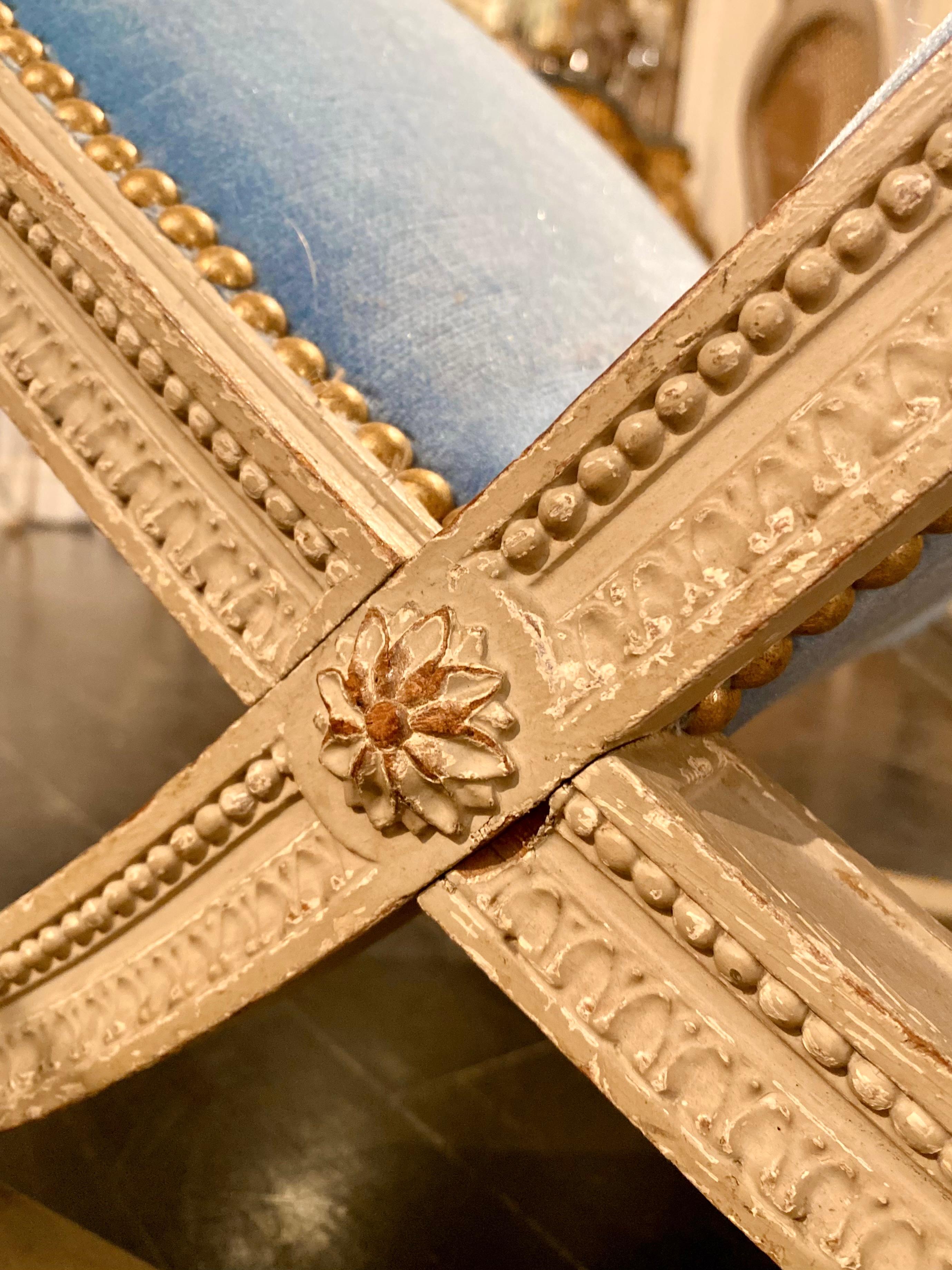 French Louis XVI Style Blue Velvet Footstool For Sale 3