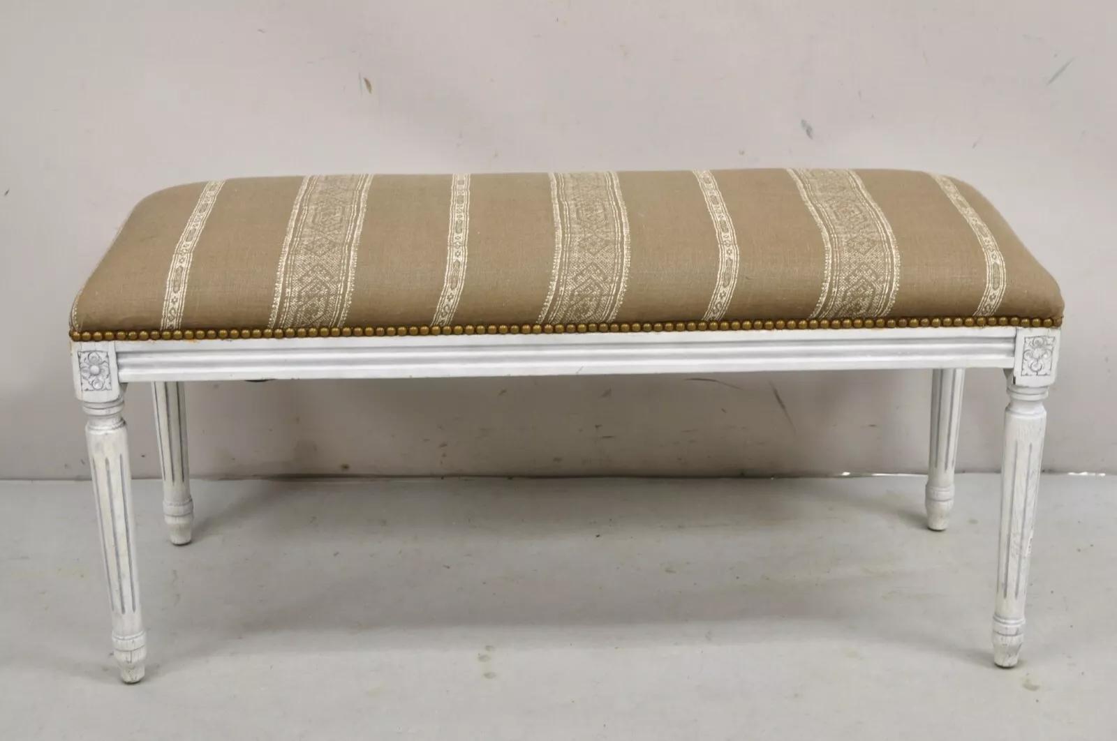 French Louis XVI Style White/Blue Distress Painted Upholstered Wooden 40
