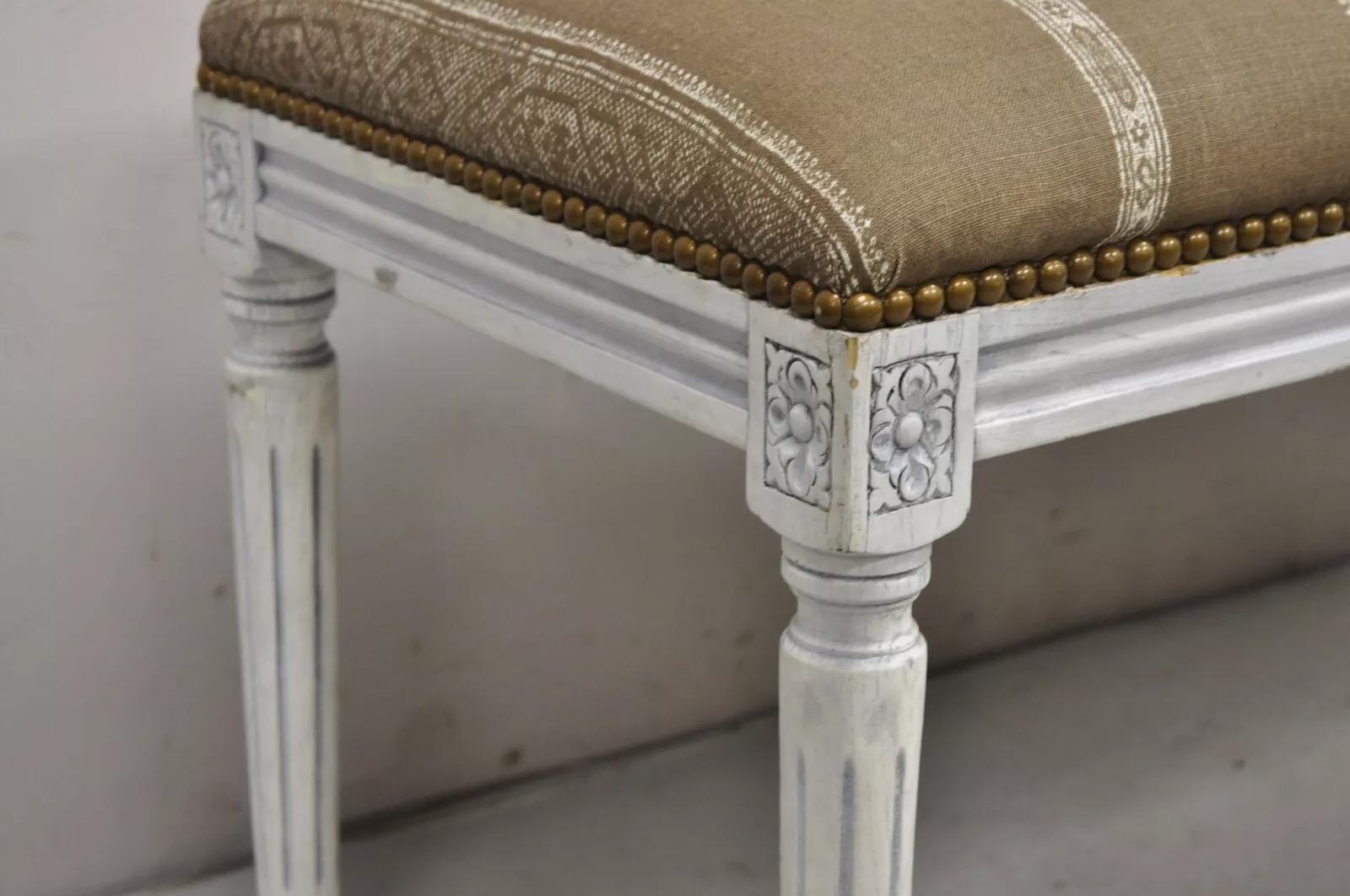 Fabric French Louis XVI Style Blue White Distress Painted Upholstered Wooden 40