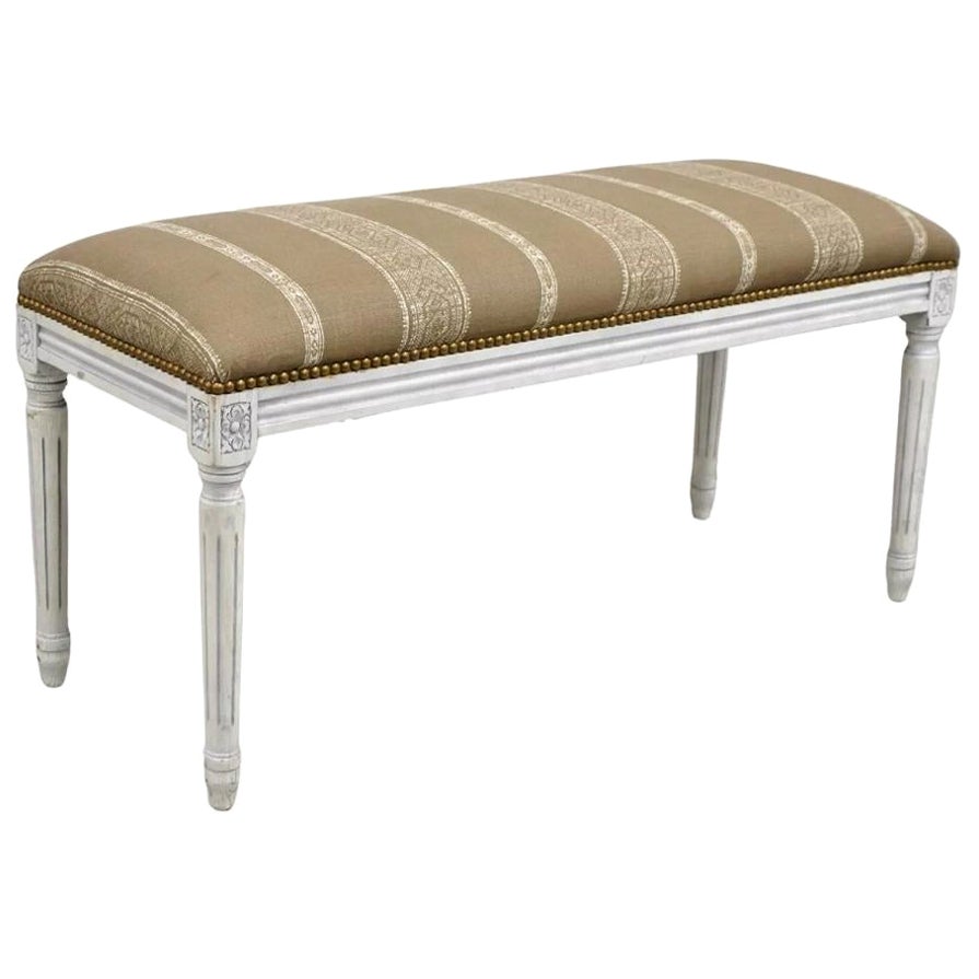French Louis XVI Style Blue White Distress Painted Upholstered Wooden 40" Bench
