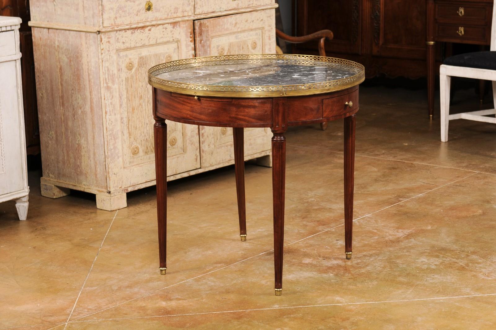 French Louis XVI Style Bouillotte Table with Grey Marble Top and Brass Gallery 6