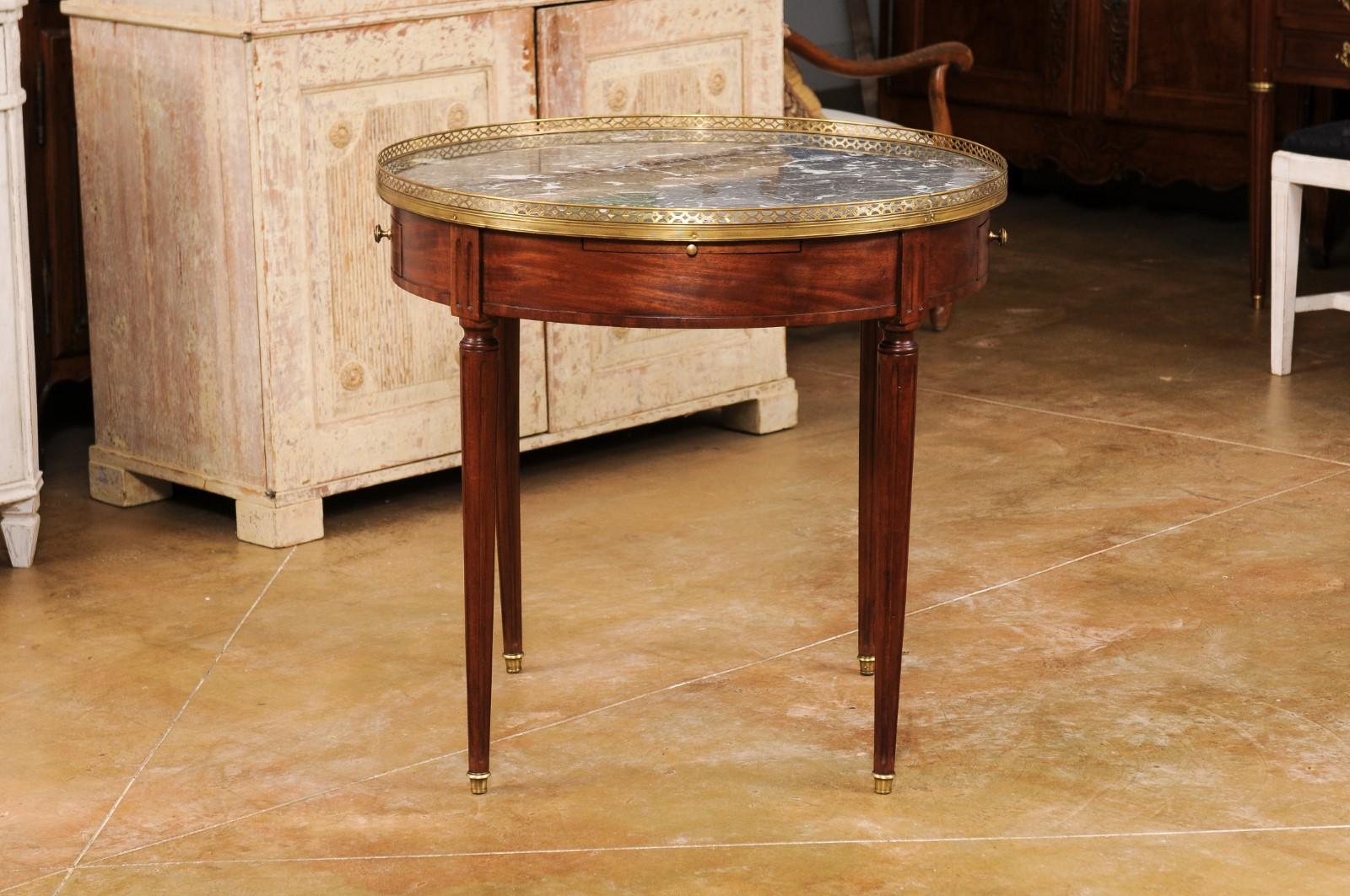 French Louis XVI Style Bouillotte Table with Grey Marble Top and Brass Gallery 7