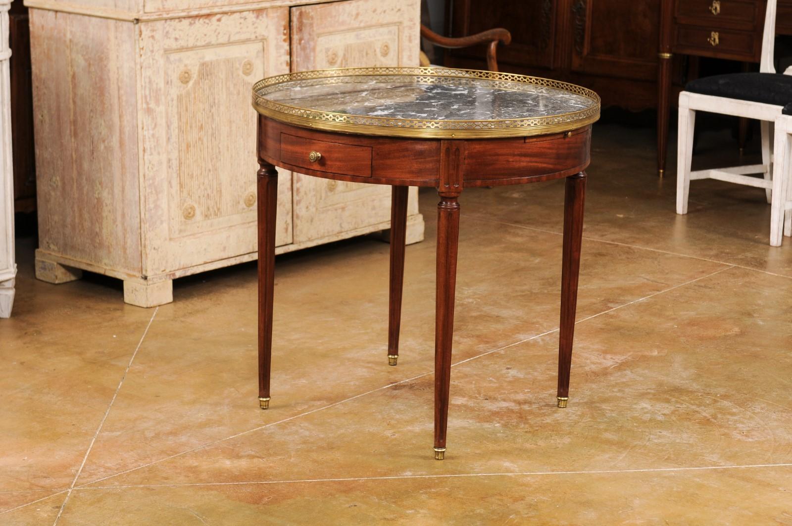 French Louis XVI Style Bouillotte Table with Grey Marble Top and Brass Gallery 8