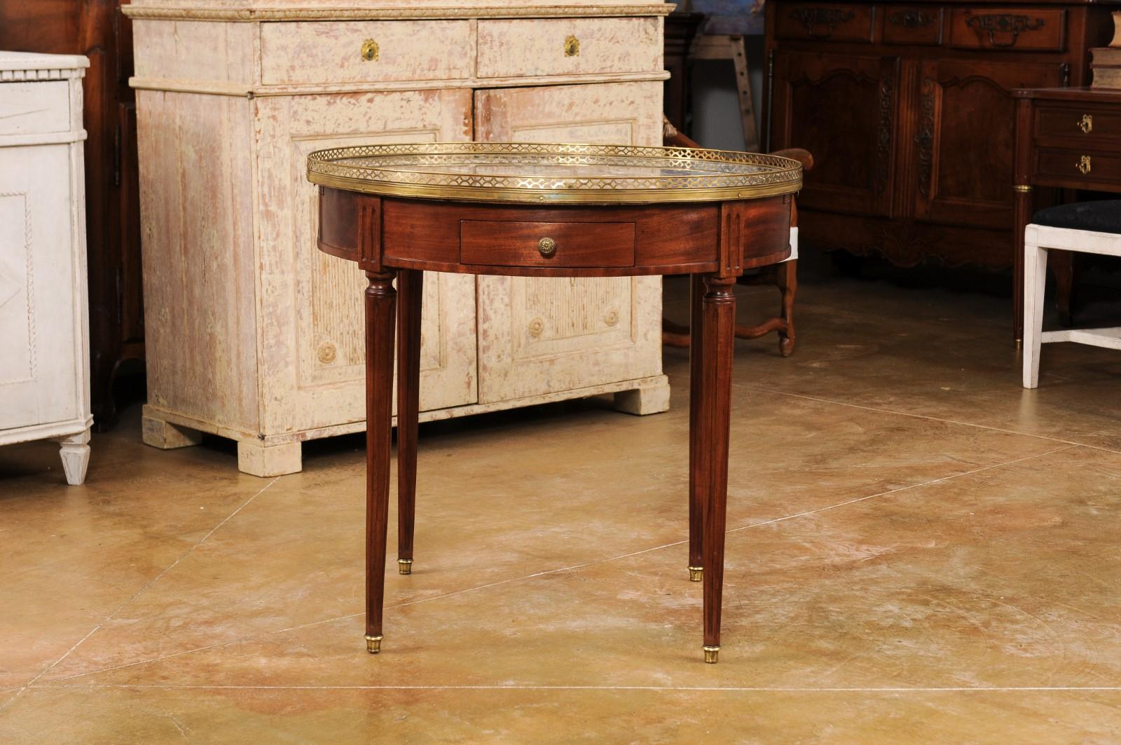French Louis XVI Style Bouillotte Table with Grey Marble Top and Brass Gallery 9