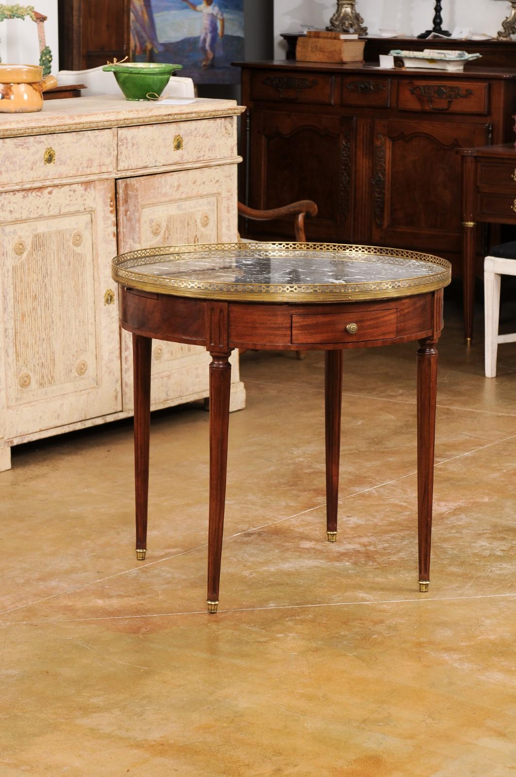 French Louis XVI Style Bouillotte Table with Grey Marble Top and Brass Gallery In Good Condition In Atlanta, GA