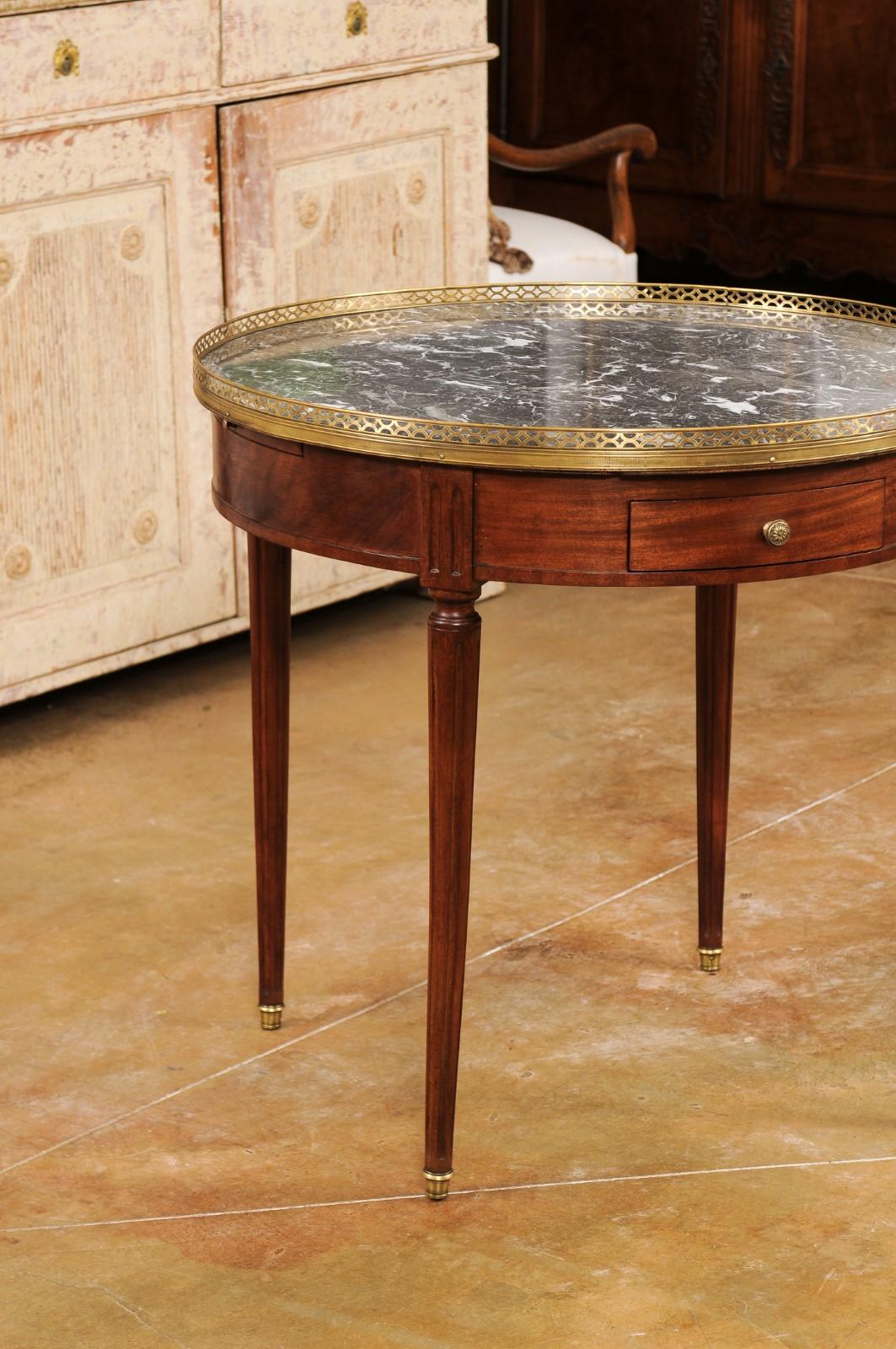 20th Century French Louis XVI Style Bouillotte Table with Grey Marble Top and Brass Gallery