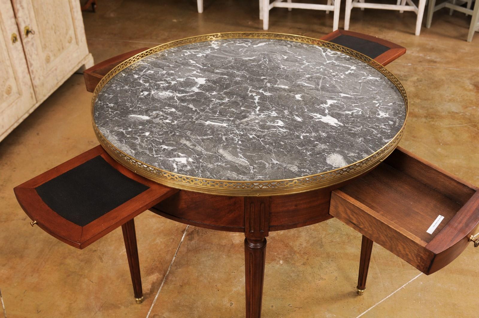 French Louis XVI Style Bouillotte Table with Grey Marble Top and Brass Gallery 1