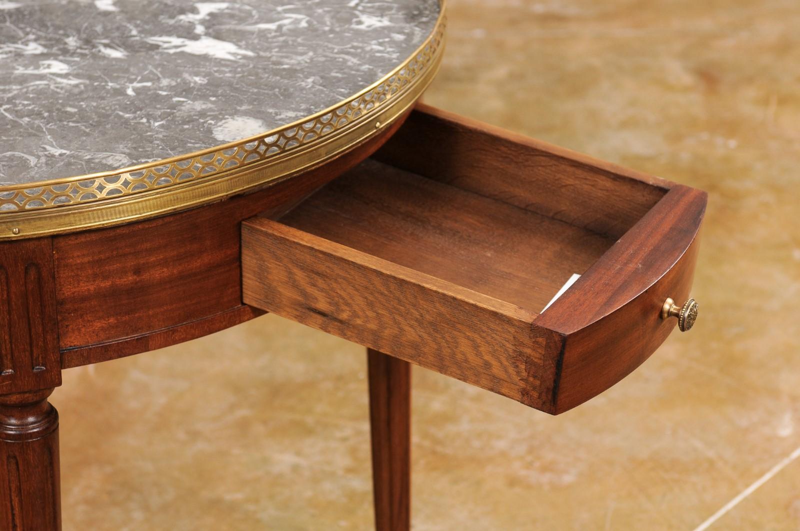 French Louis XVI Style Bouillotte Table with Grey Marble Top and Brass Gallery 2