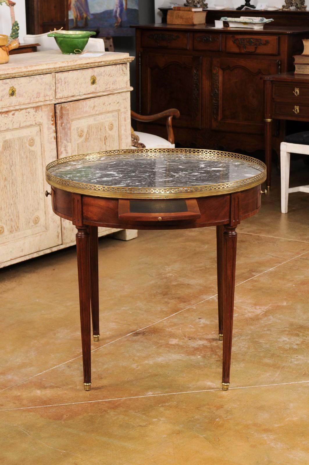 French Louis XVI Style Bouillotte Table with Grey Marble Top and Brass Gallery 3