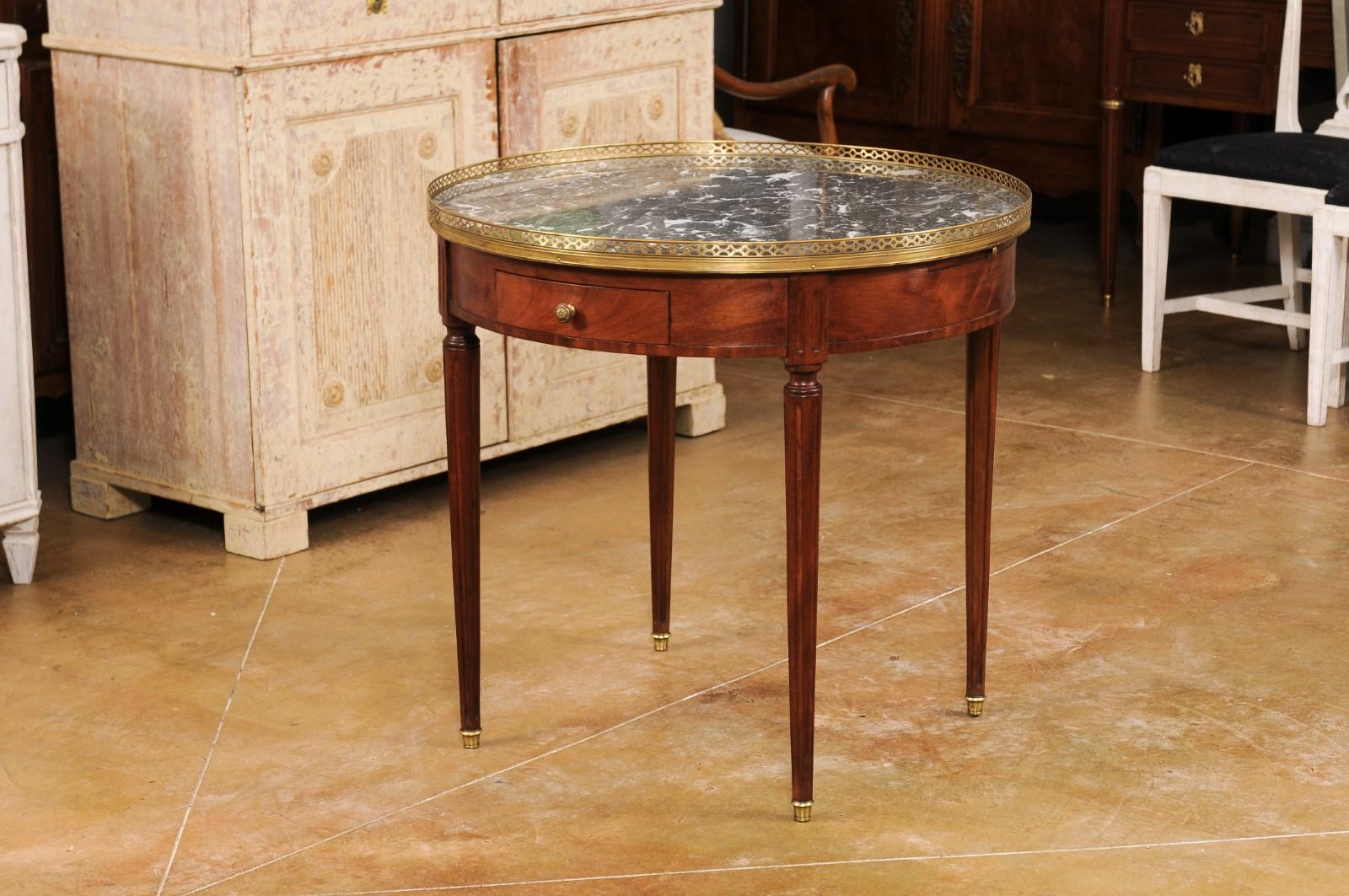 French Louis XVI Style Bouillotte Table with Grey Marble Top and Brass Gallery 4