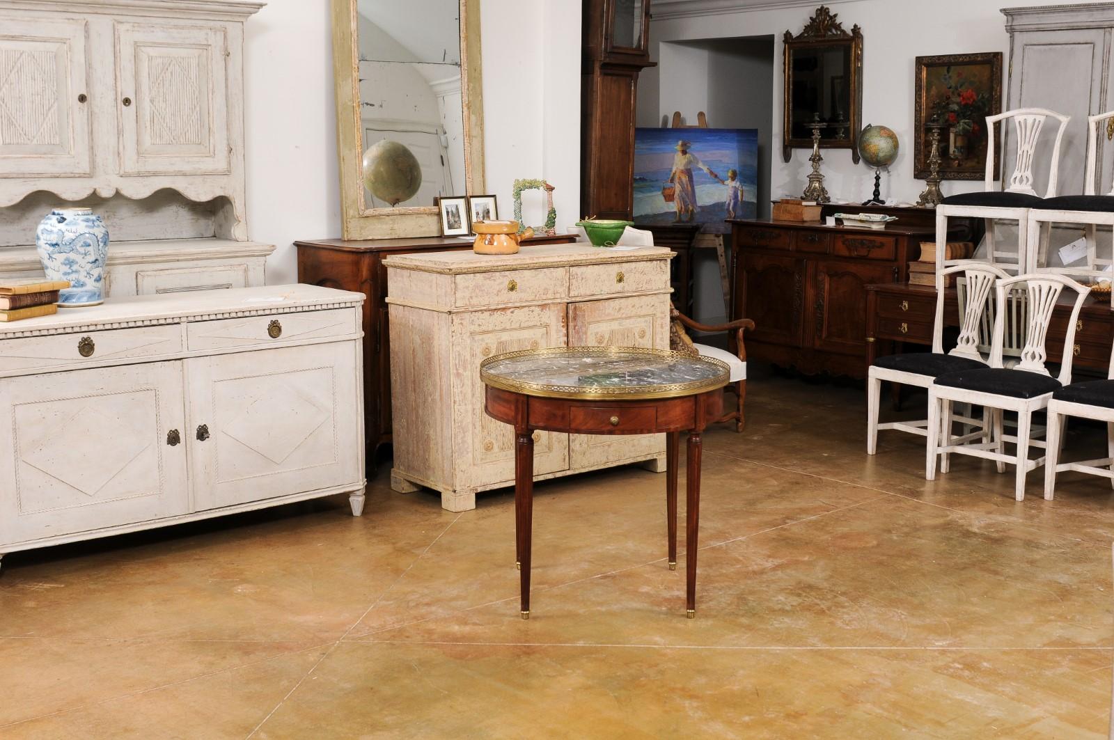 French Louis XVI Style Bouillotte Table with Grey Marble Top and Brass Gallery 5