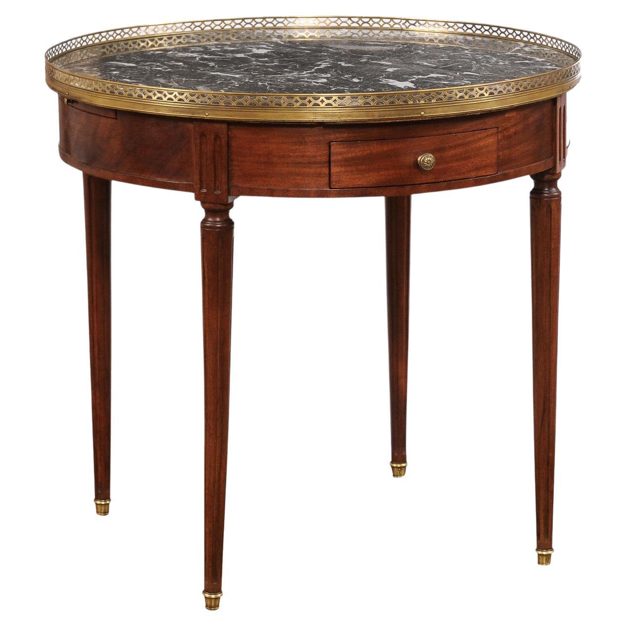 French Louis XVI Style Bouillotte Table with Grey Marble Top and Brass Gallery