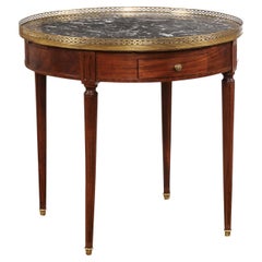 French Louis XVI Style Bouillotte Table with Grey Marble Top and Brass Gallery