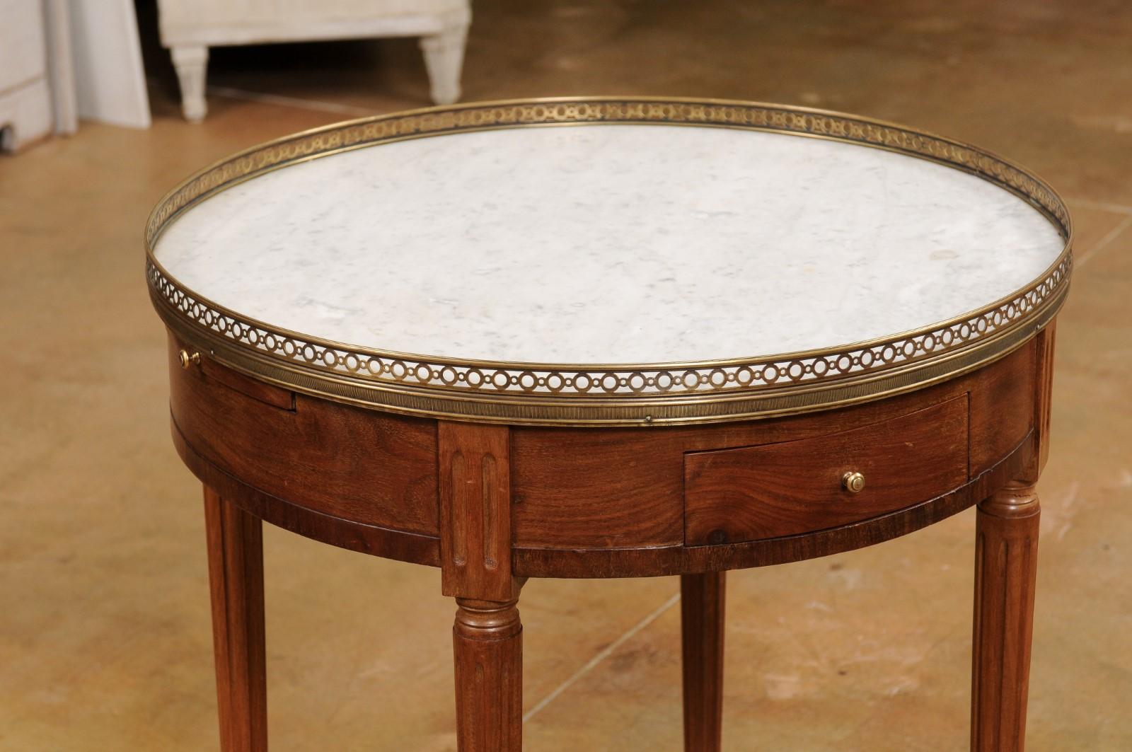 19th Century French Louis XVI Style Bouillotte Table with White Marble Top and Brass Gallery