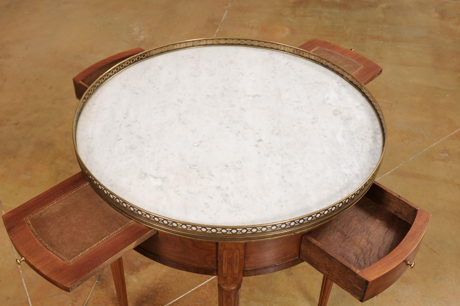 French Louis XVI Style Bouillotte Table with White Marble Top and Brass Gallery 1