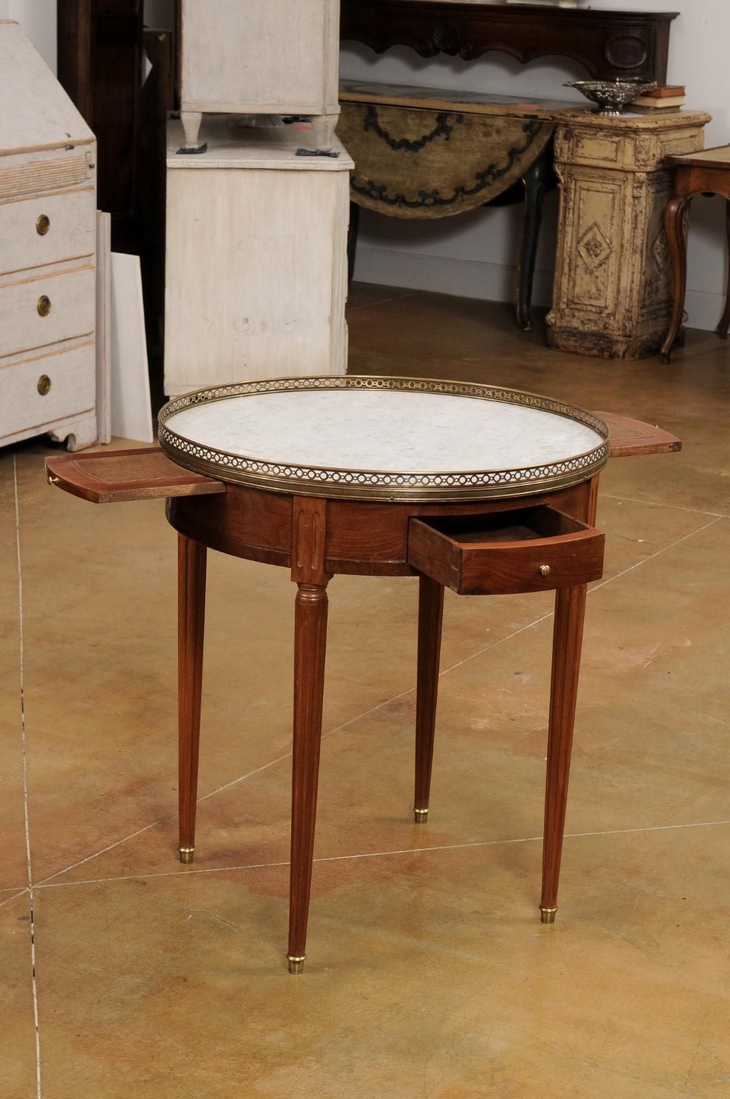 French Louis XVI Style Bouillotte Table with White Marble Top and Brass Gallery 3