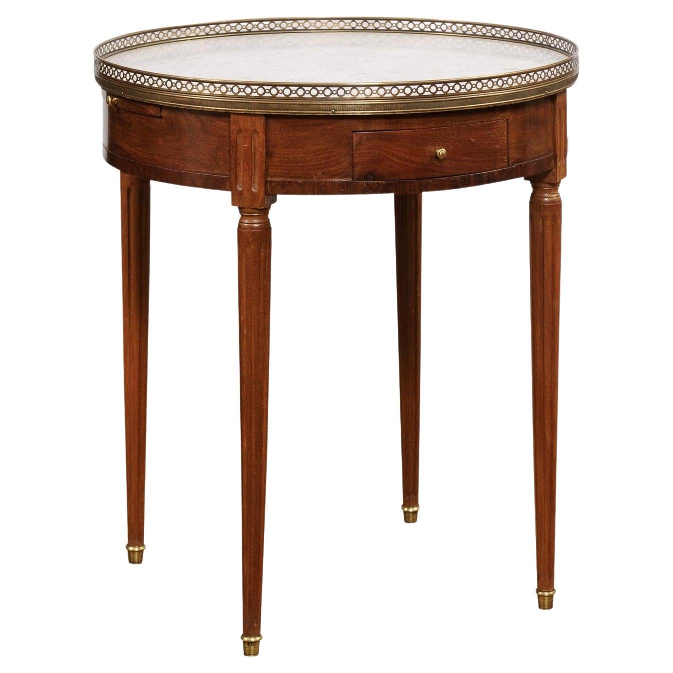 French Louis XVI Style Bouillotte Table with White Marble Top and Brass Gallery