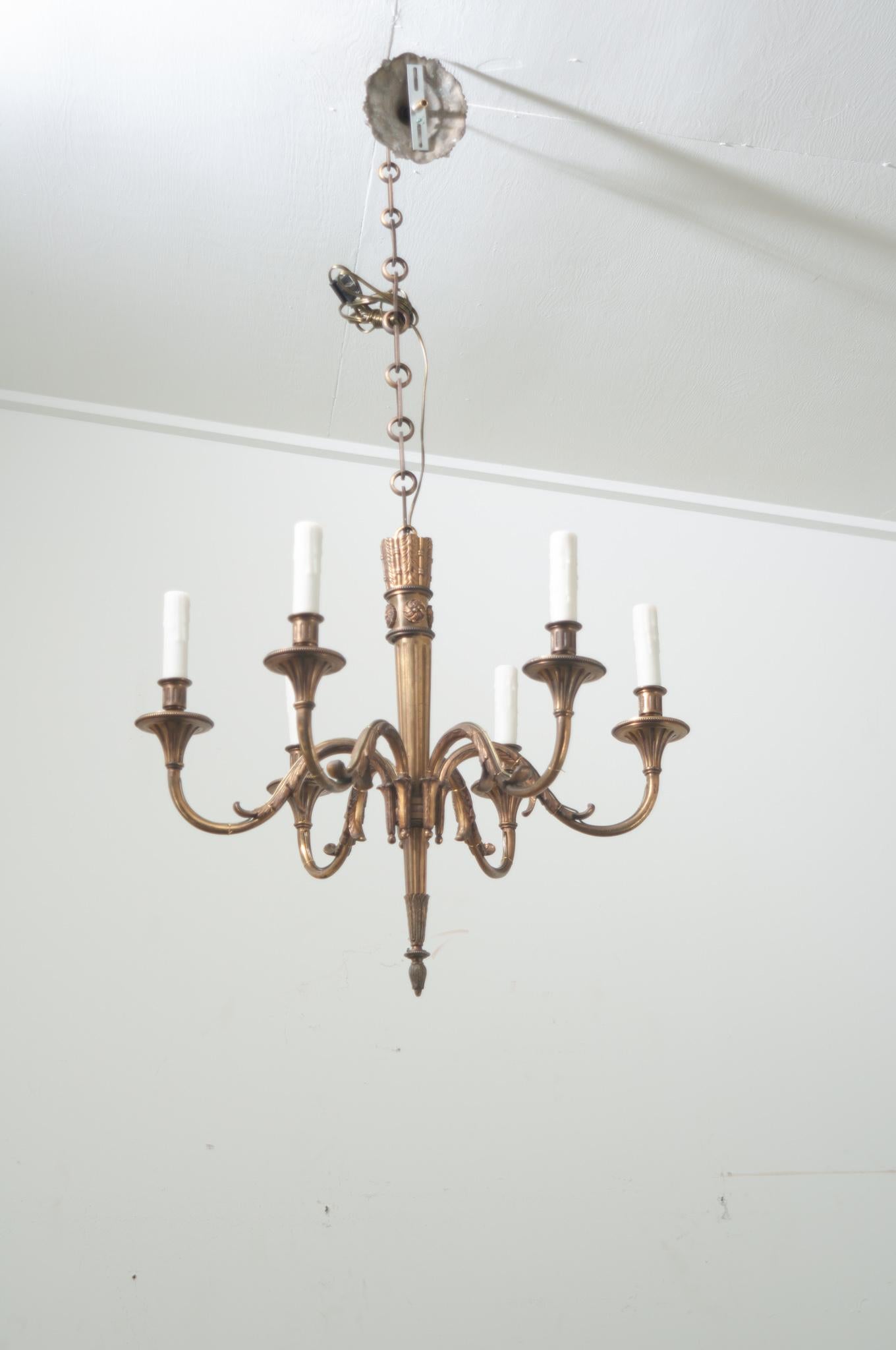 Cast French Louis XVI Style Brass 6-Light Chandelier For Sale