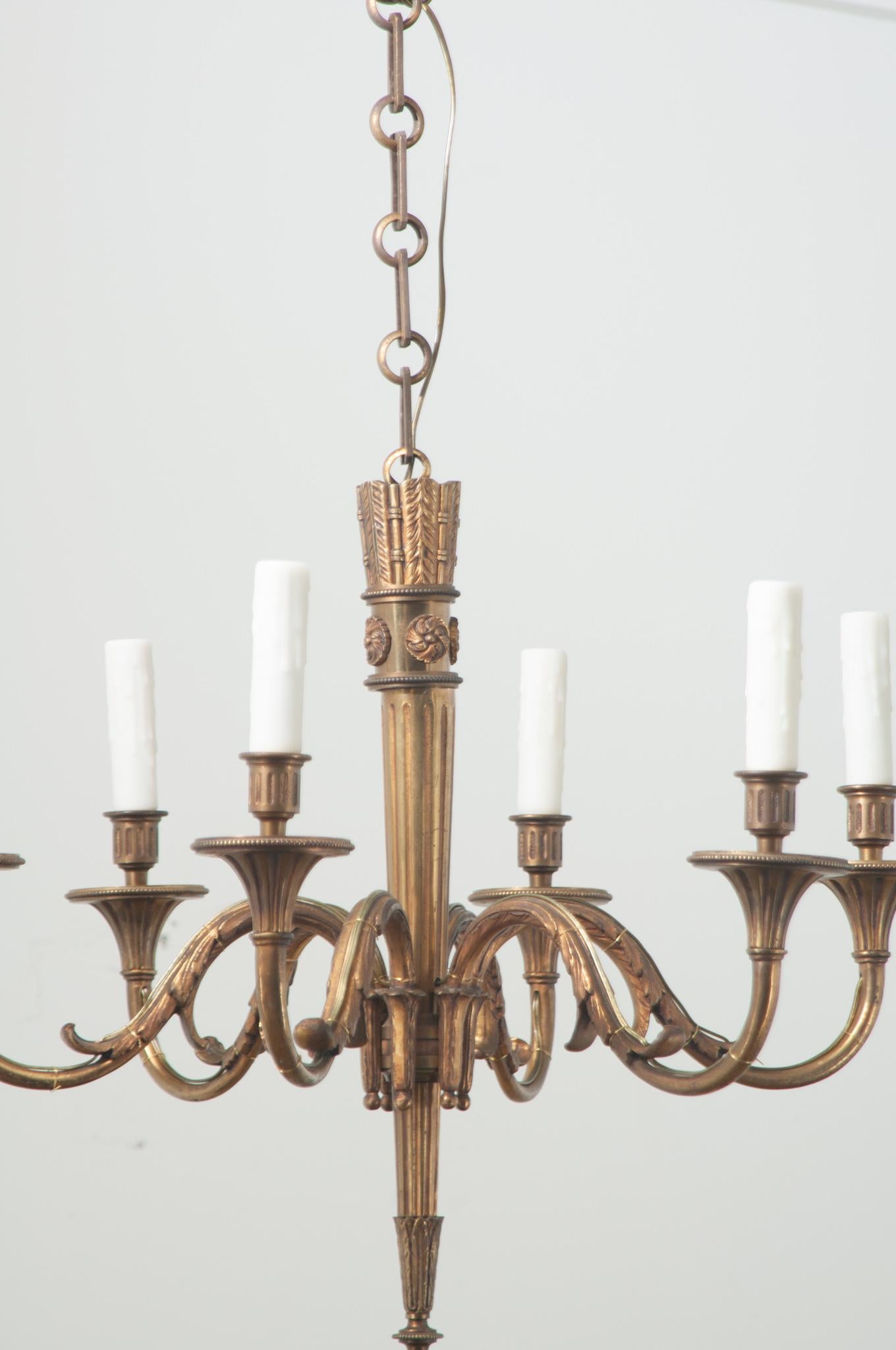 20th Century French Louis XVI Style Brass 6-Light Chandelier For Sale