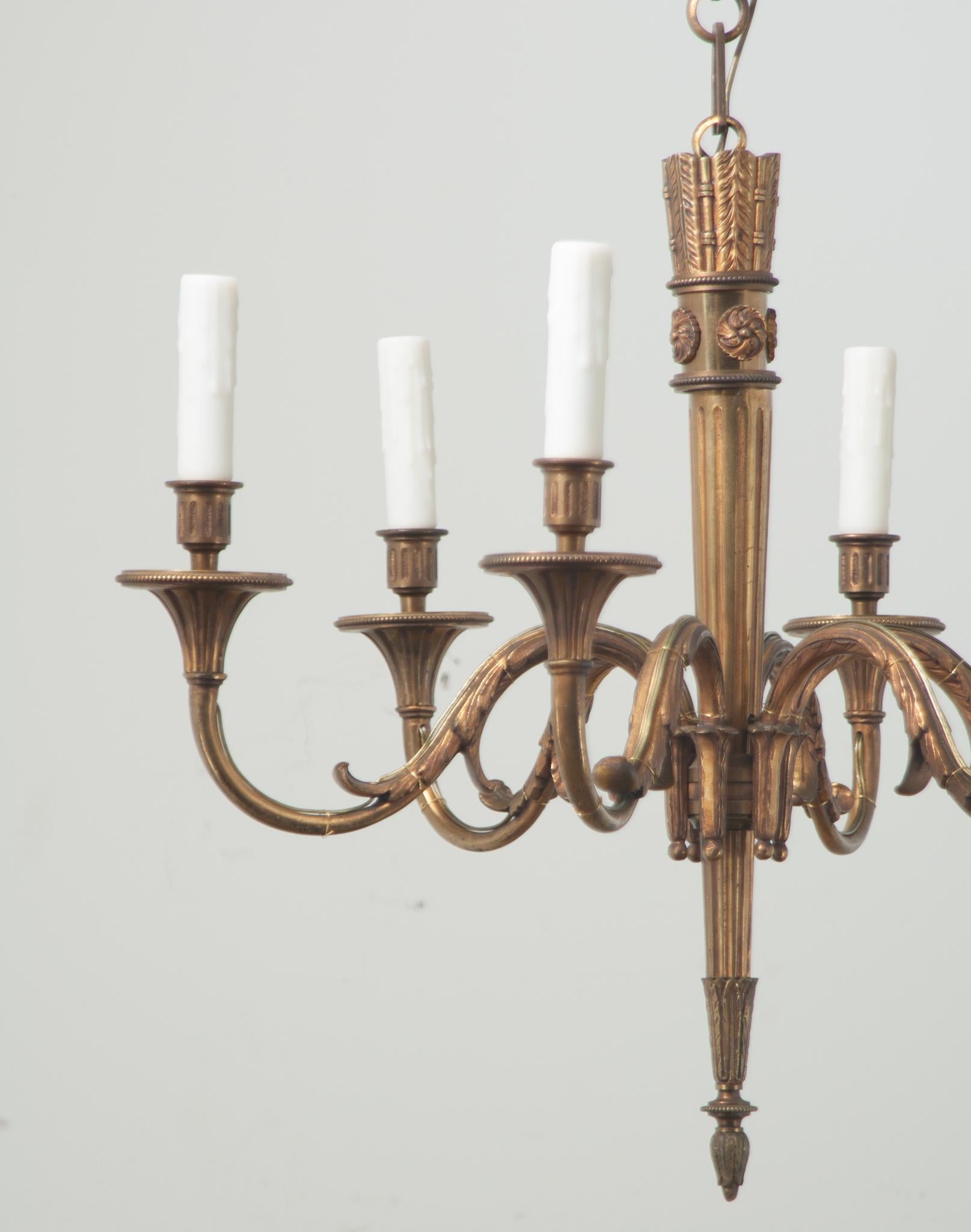 French Louis XVI Style Brass 6-Light Chandelier For Sale 1