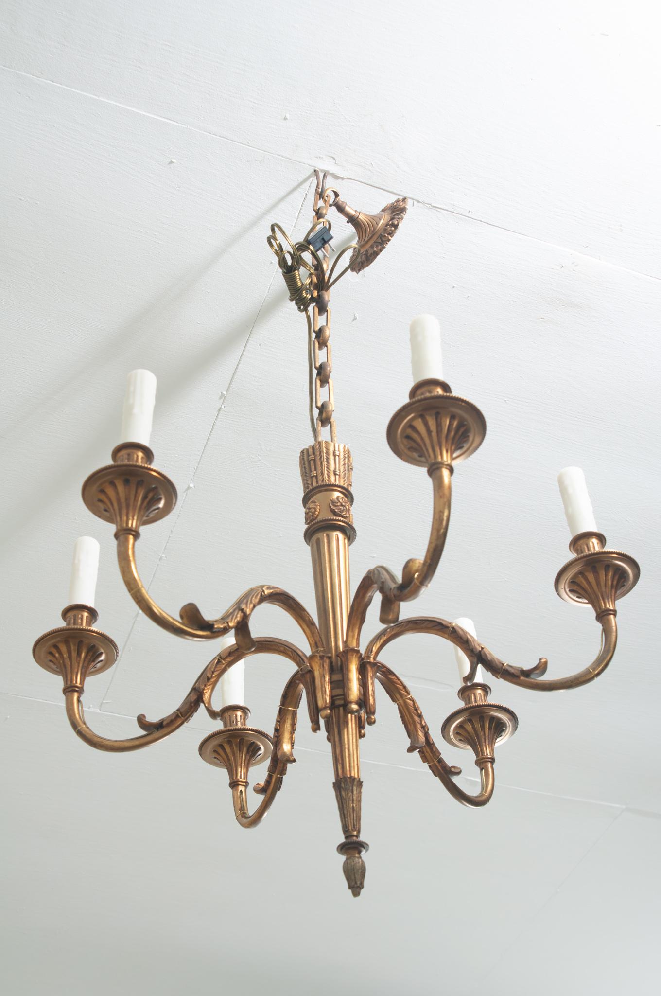 French Louis XVI Style Brass 6-Light Chandelier For Sale 2