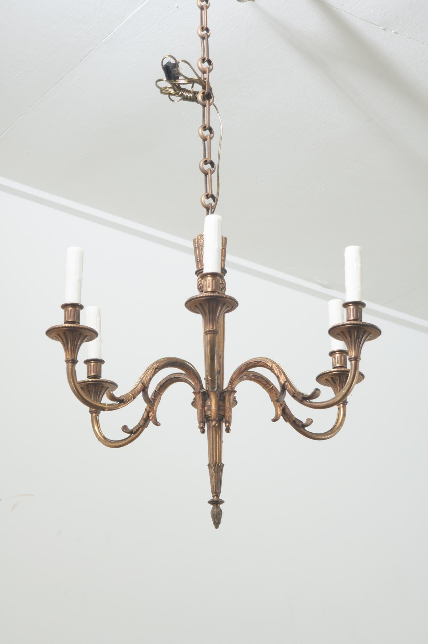 French Louis XVI Style Brass 6-Light Chandelier For Sale 4