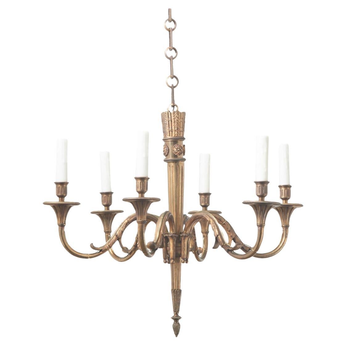 French Louis XVI Style Brass 6-Light Chandelier For Sale