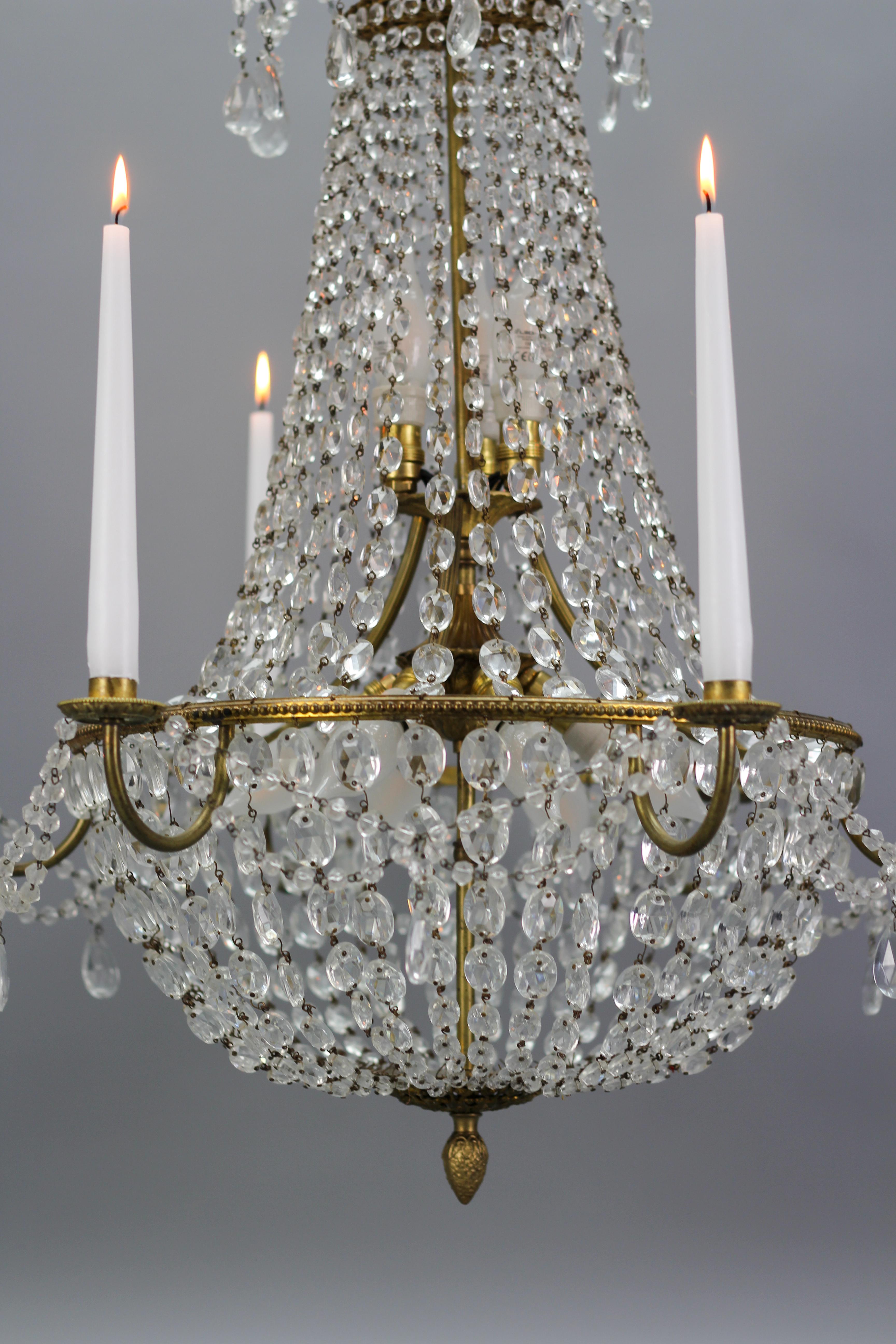 French Louis XVI Style Brass and Crystal Basket Nine-Light Chandelier For Sale 8