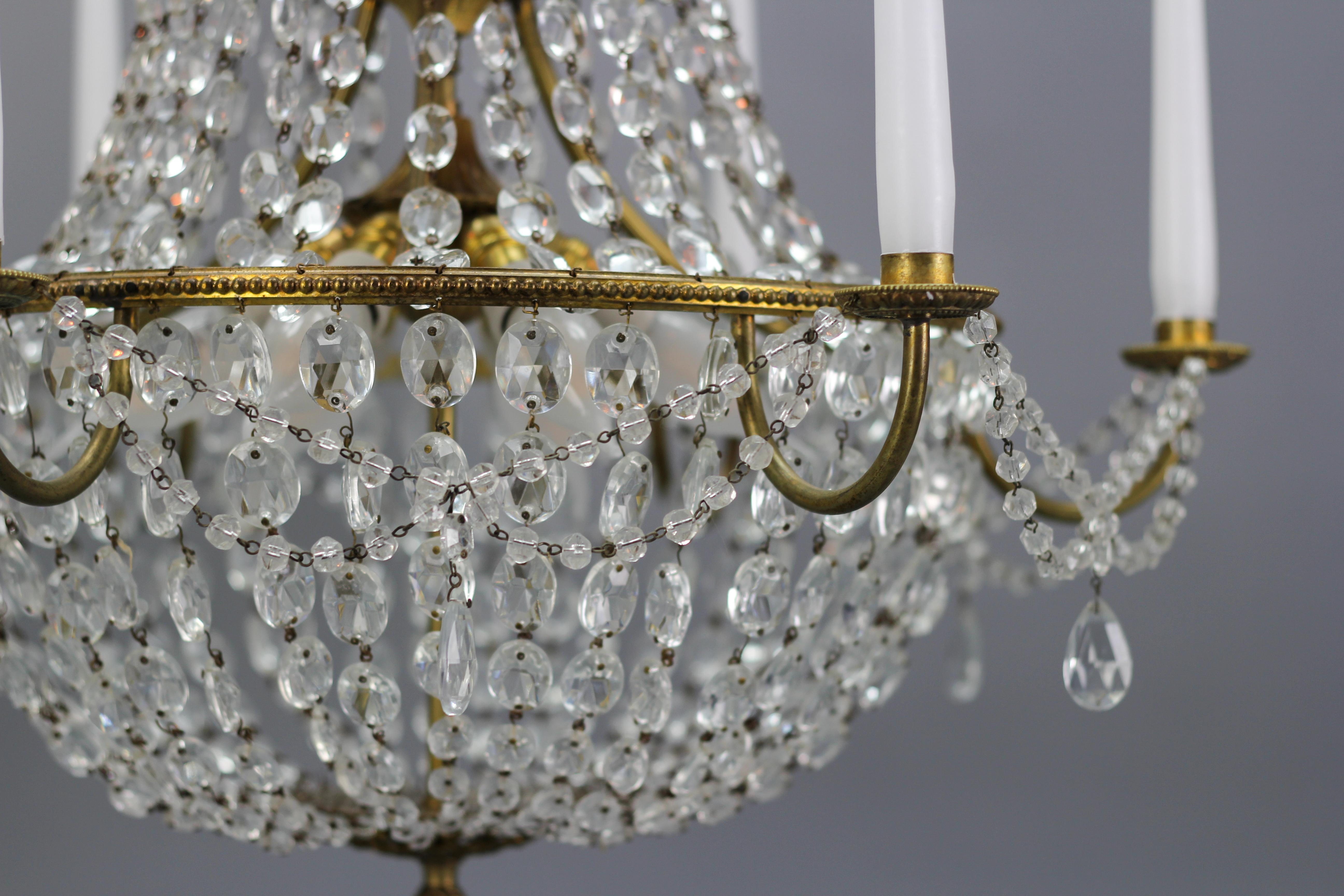 French Louis XVI Style Brass and Crystal Basket Nine-Light Chandelier For Sale 9