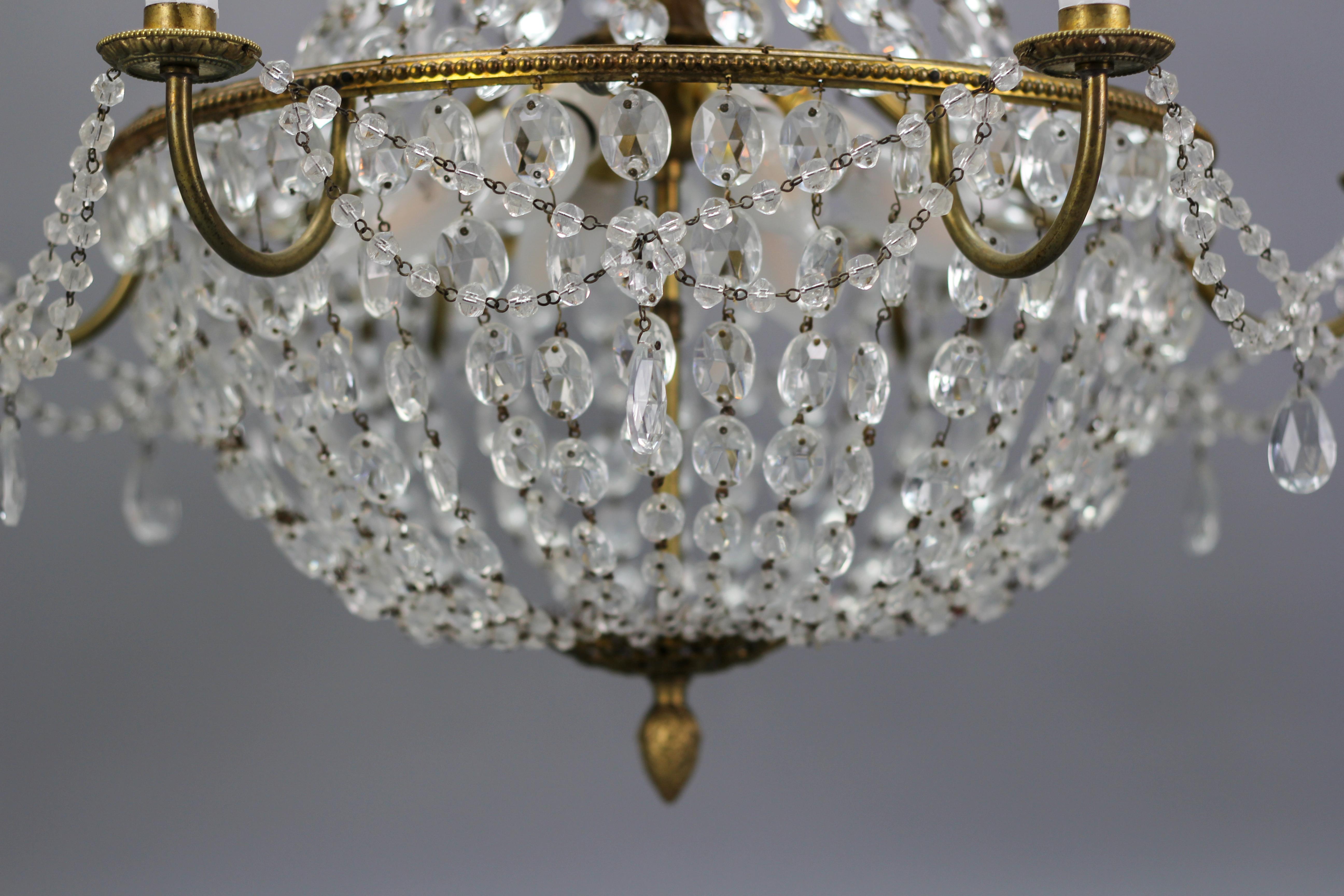 French Louis XVI Style Brass and Crystal Basket Nine-Light Chandelier For Sale 10