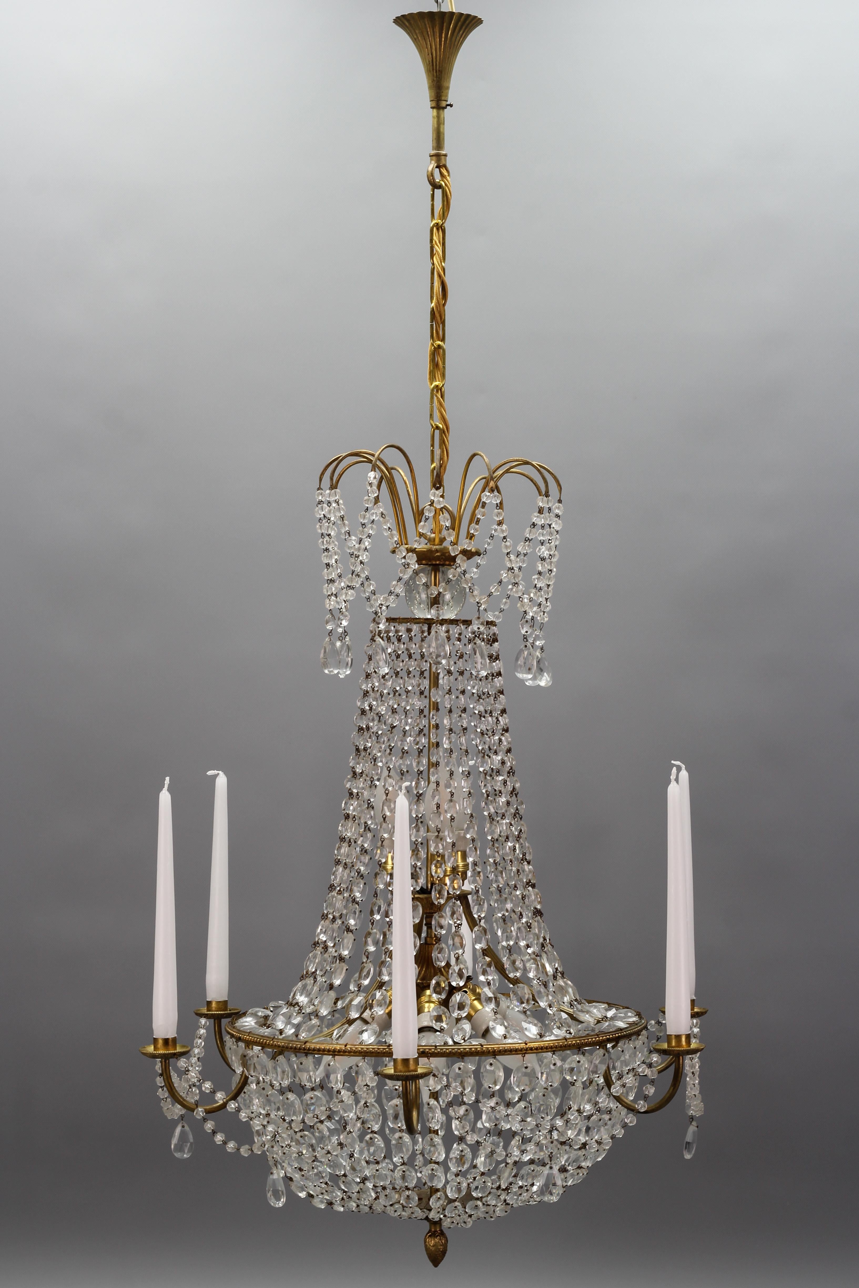 French Louis XVI Style Brass and Crystal Basket Nine-Light Chandelier For Sale 15